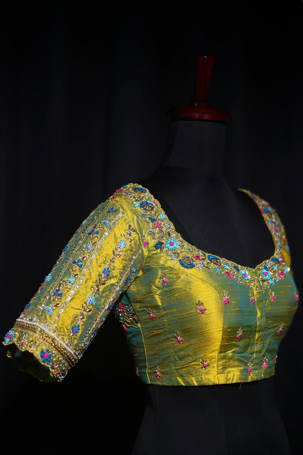 Lemon Yellow Dual Tone Raw Silk Blouse For Women Jaal Style Party wear
