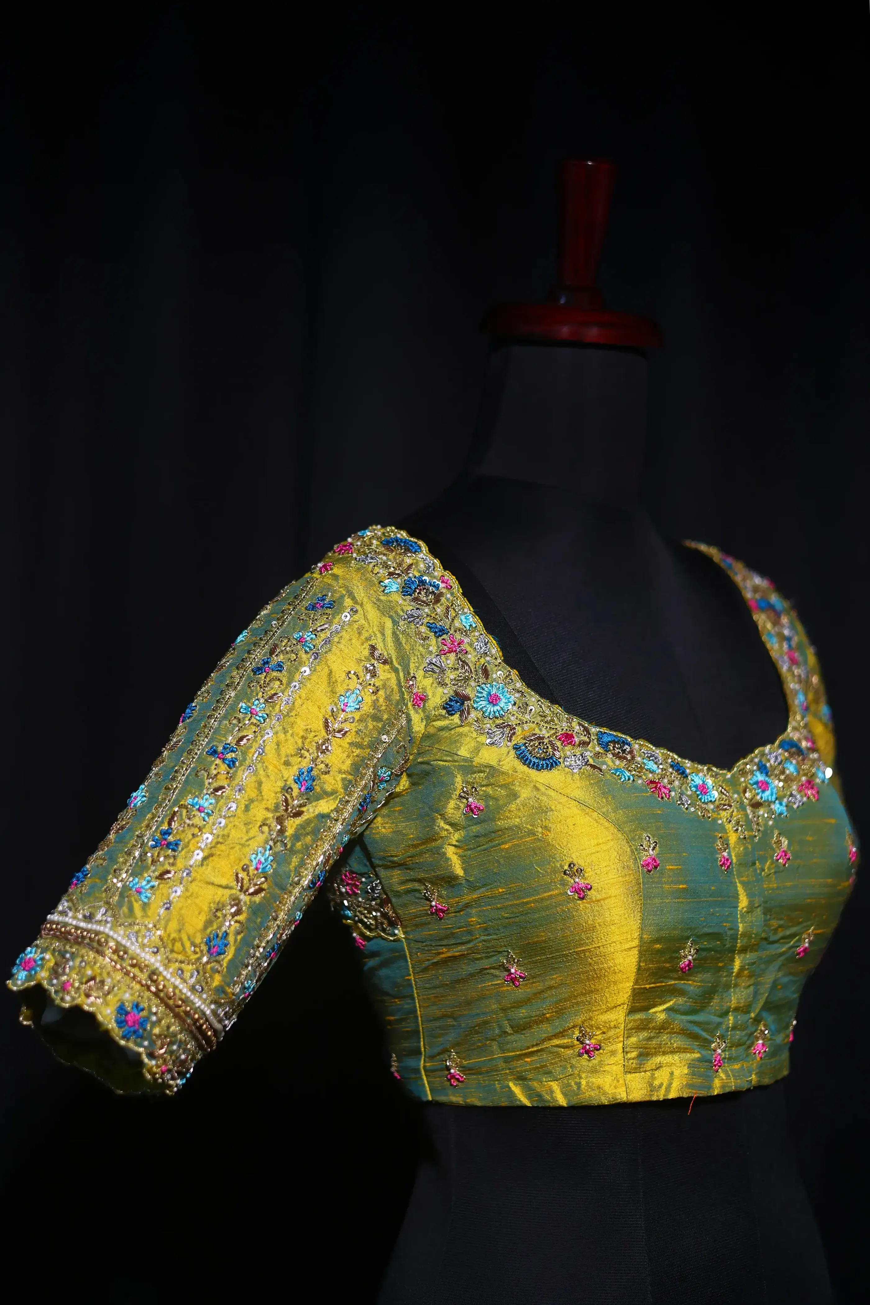 Lemon Yellow Dual Tone Raw Silk Blouse For Women Jaal Style Party wear