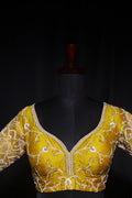 Musturd Yellow Raw Silk Blouse For Women Jaal Style Party wear