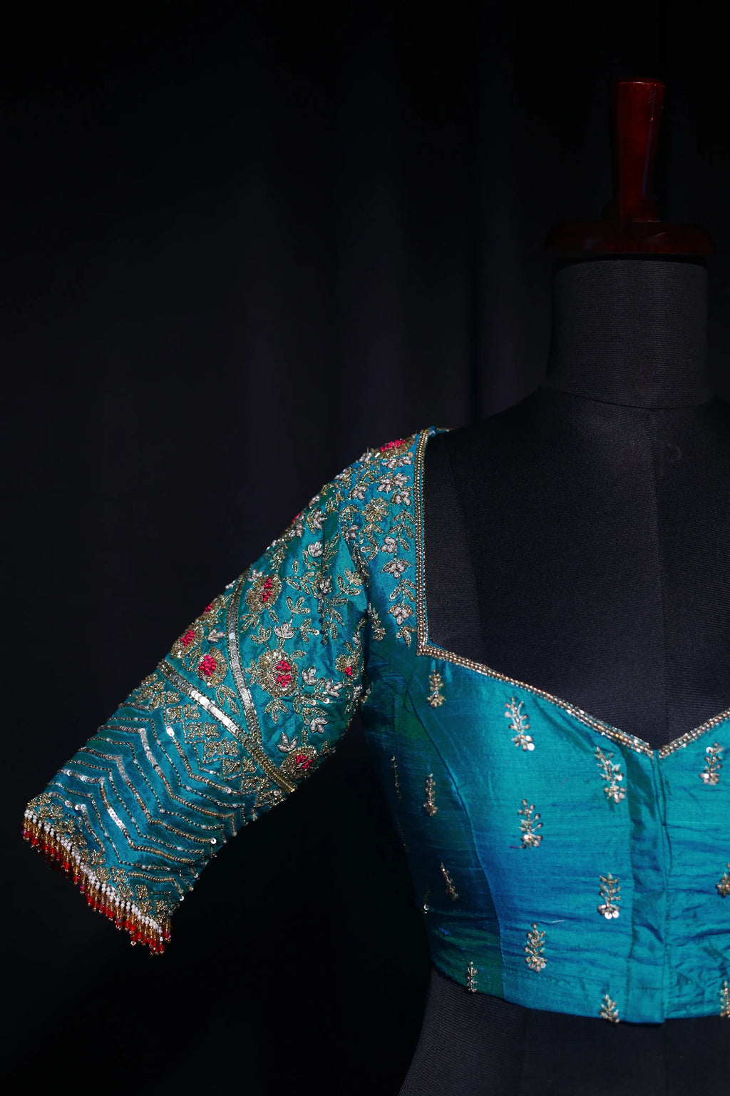 Turquoise Blue Raw Silk Blouse For Women Jaal Style Party wear