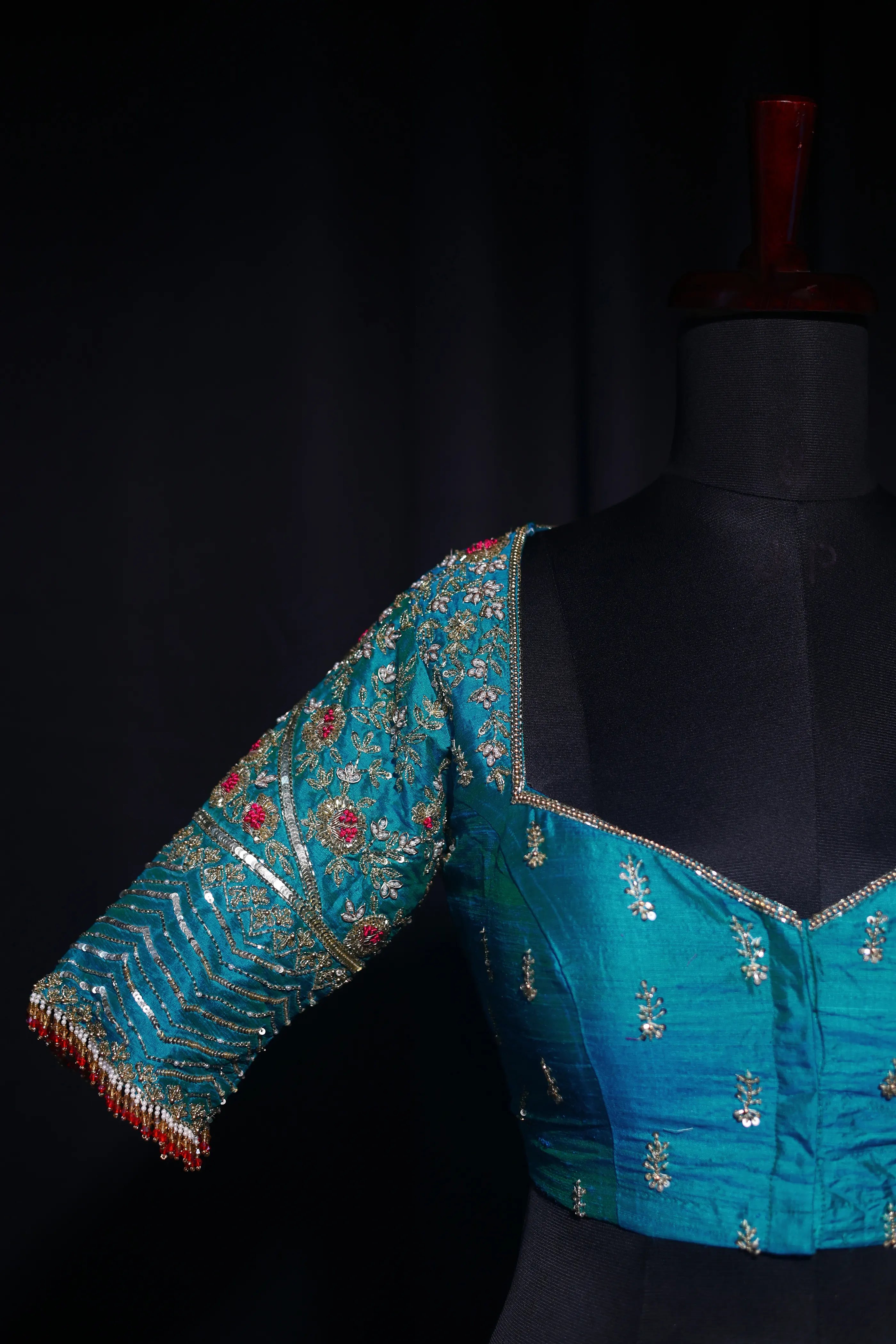 Turquoise Blue Raw Silk Blouse For Women Jaal Style Party wear