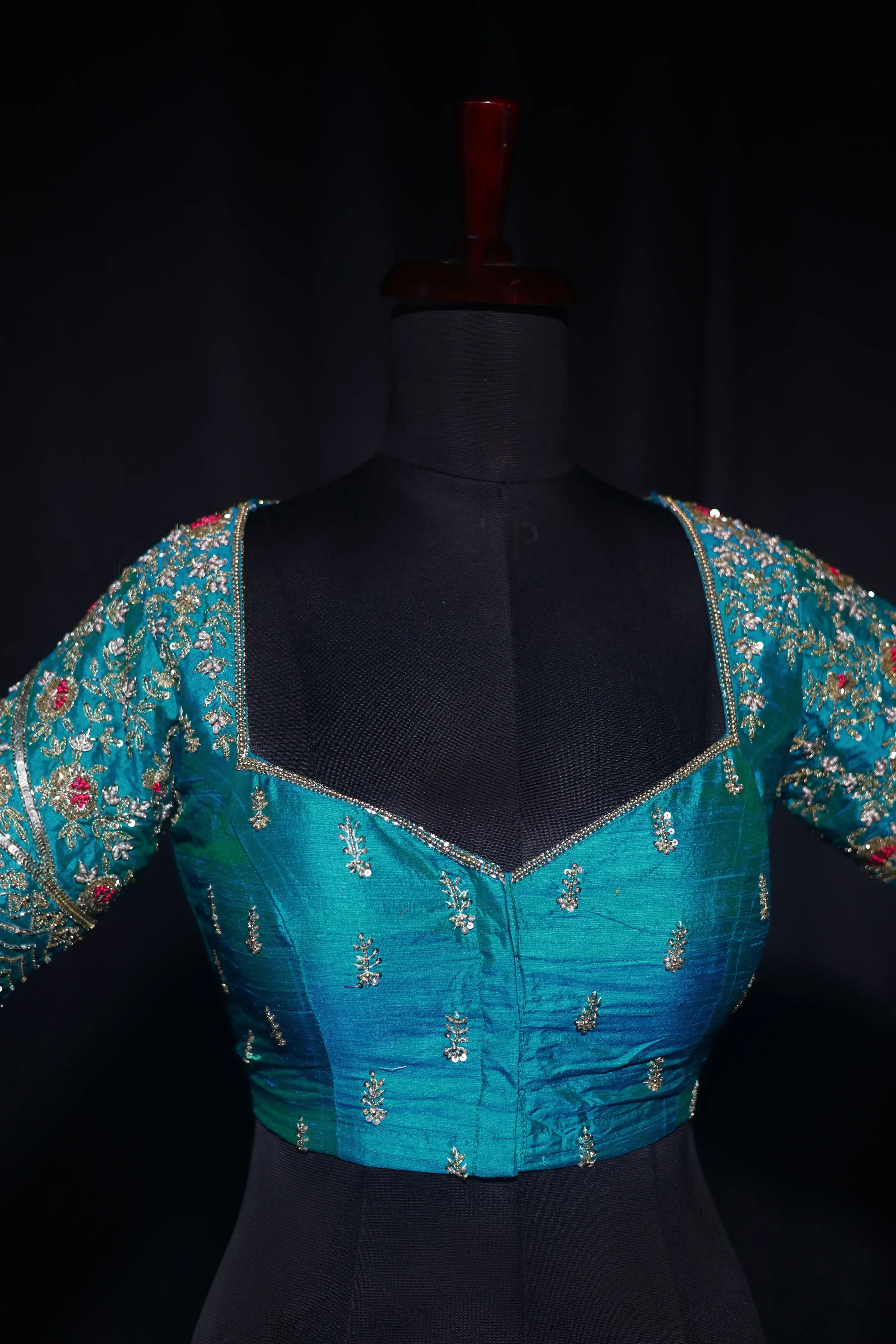 Turquoise Blue Raw Silk Blouse For Women Jaal Style Party wear