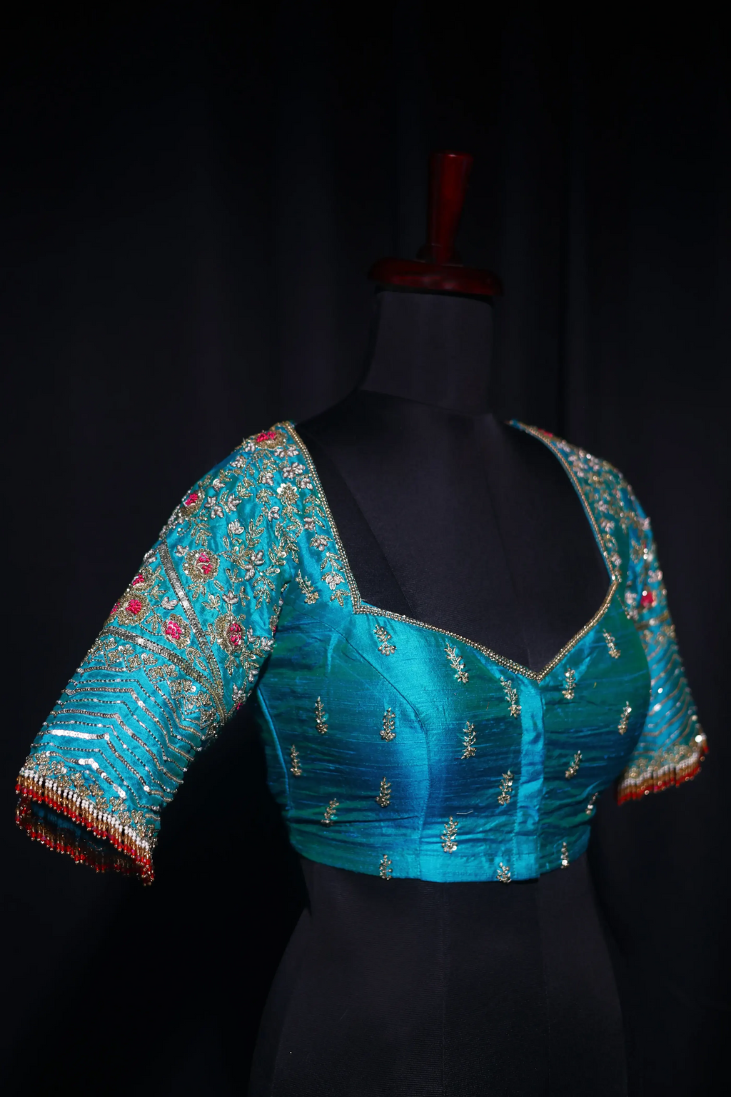Turquoise Blue Raw Silk Blouse For Women Jaal Style Party wear