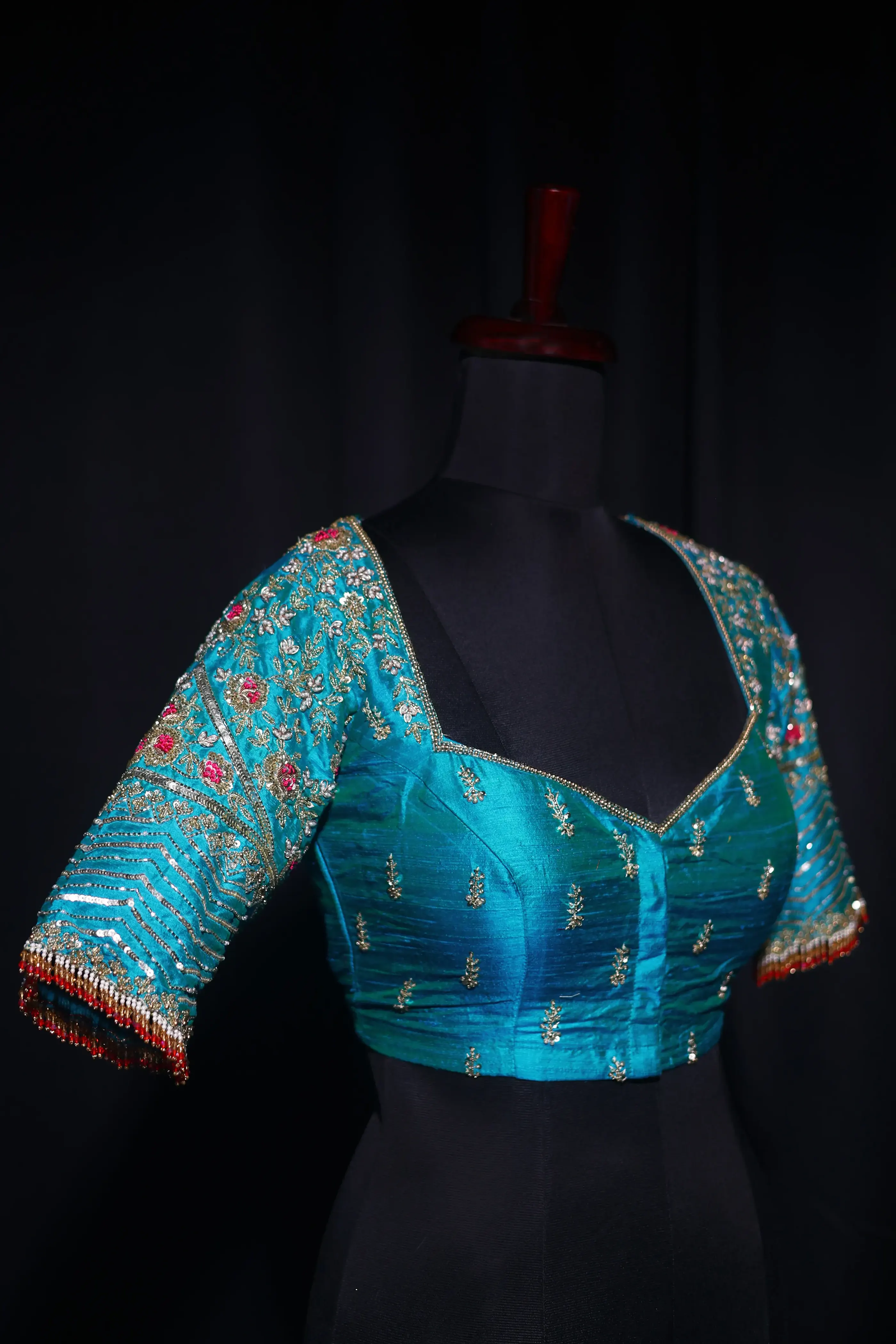 Turquoise Blue Raw Silk Blouse For Women Jaal Style Party wear