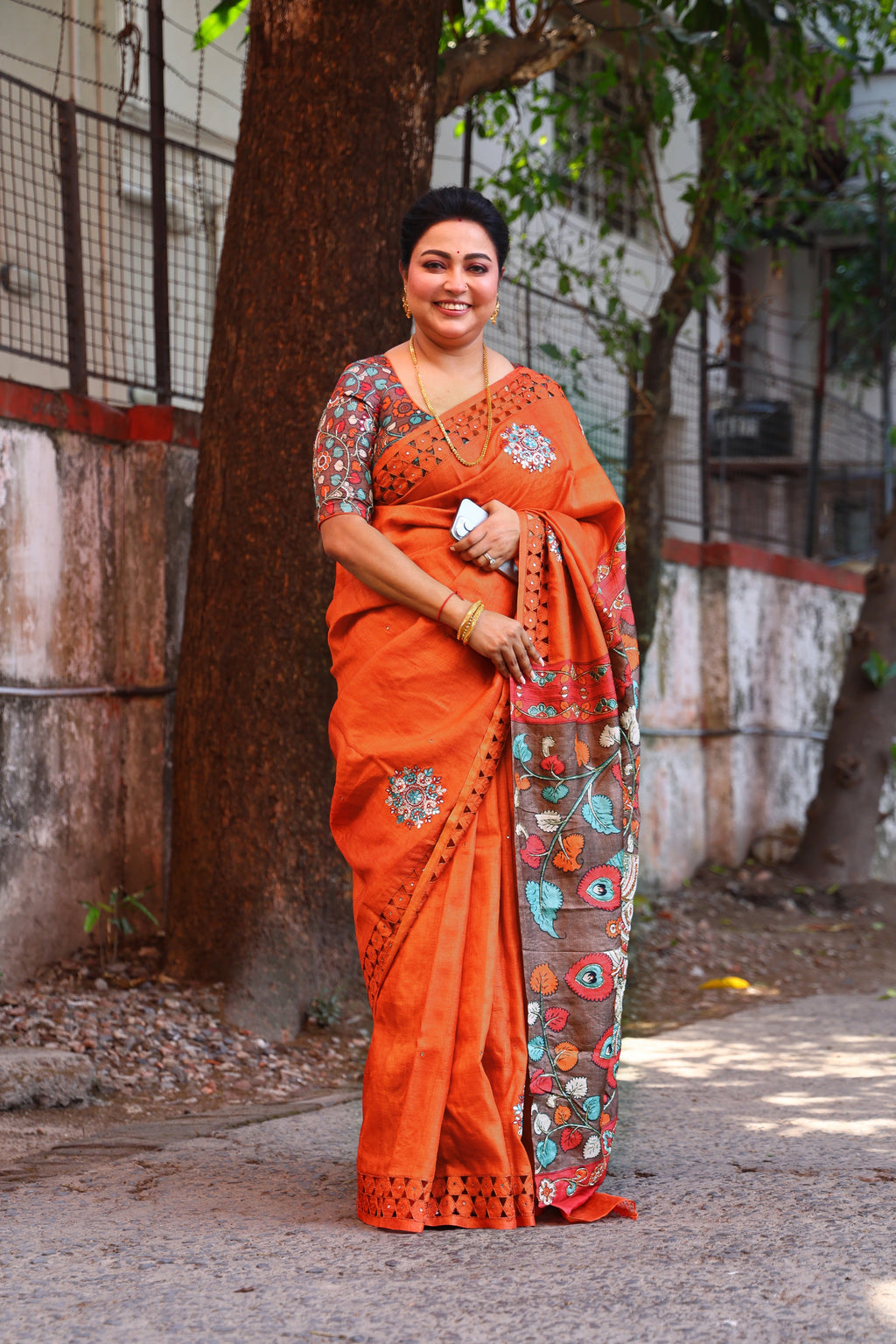 Orange Tussar Cutwork Saree With Blouse Piece