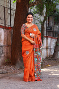 Orange Tussar Cutwork Saree With Blouse Piece