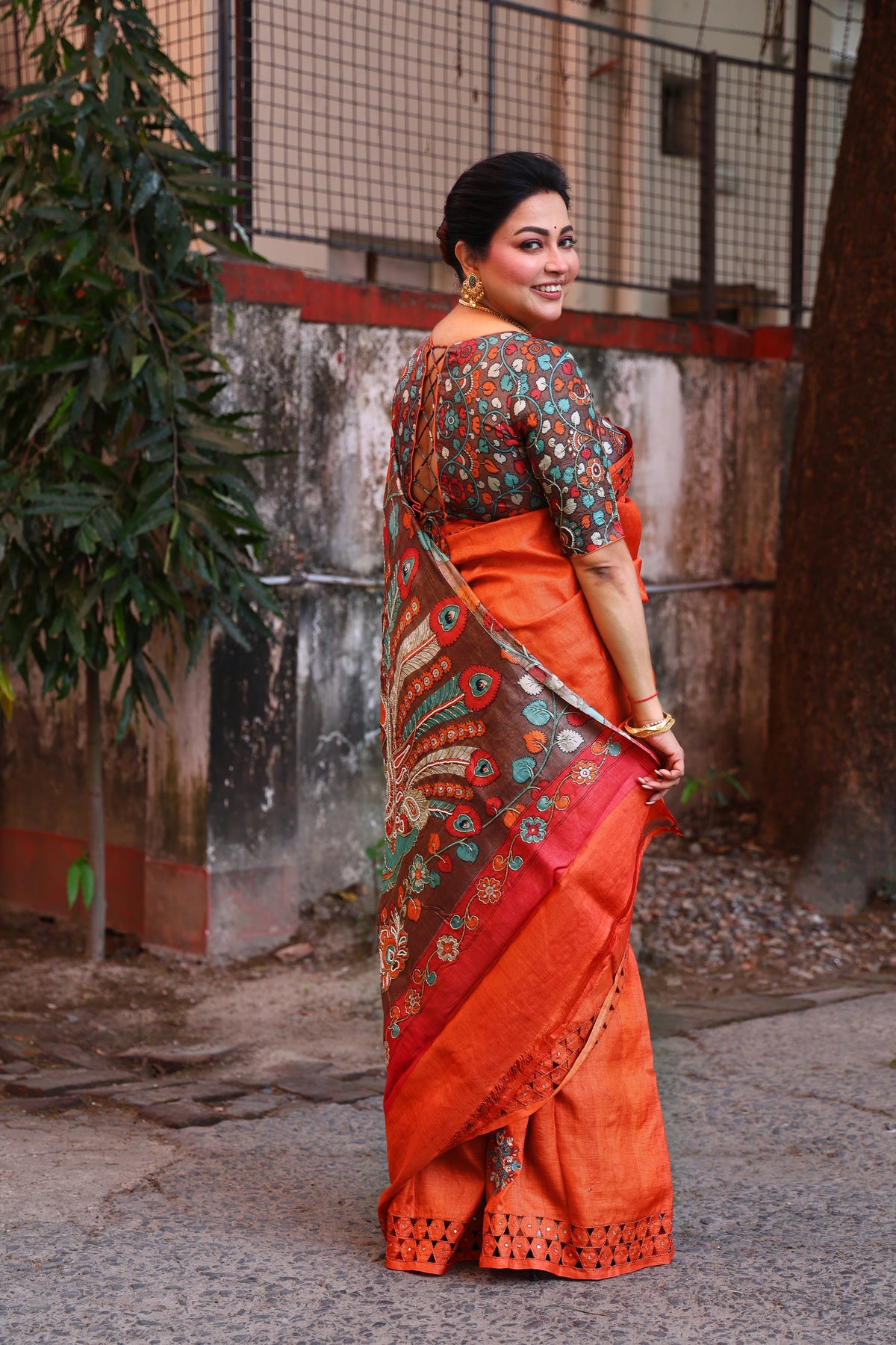 Orange Tussar Cutwork Saree With Blouse Piece
