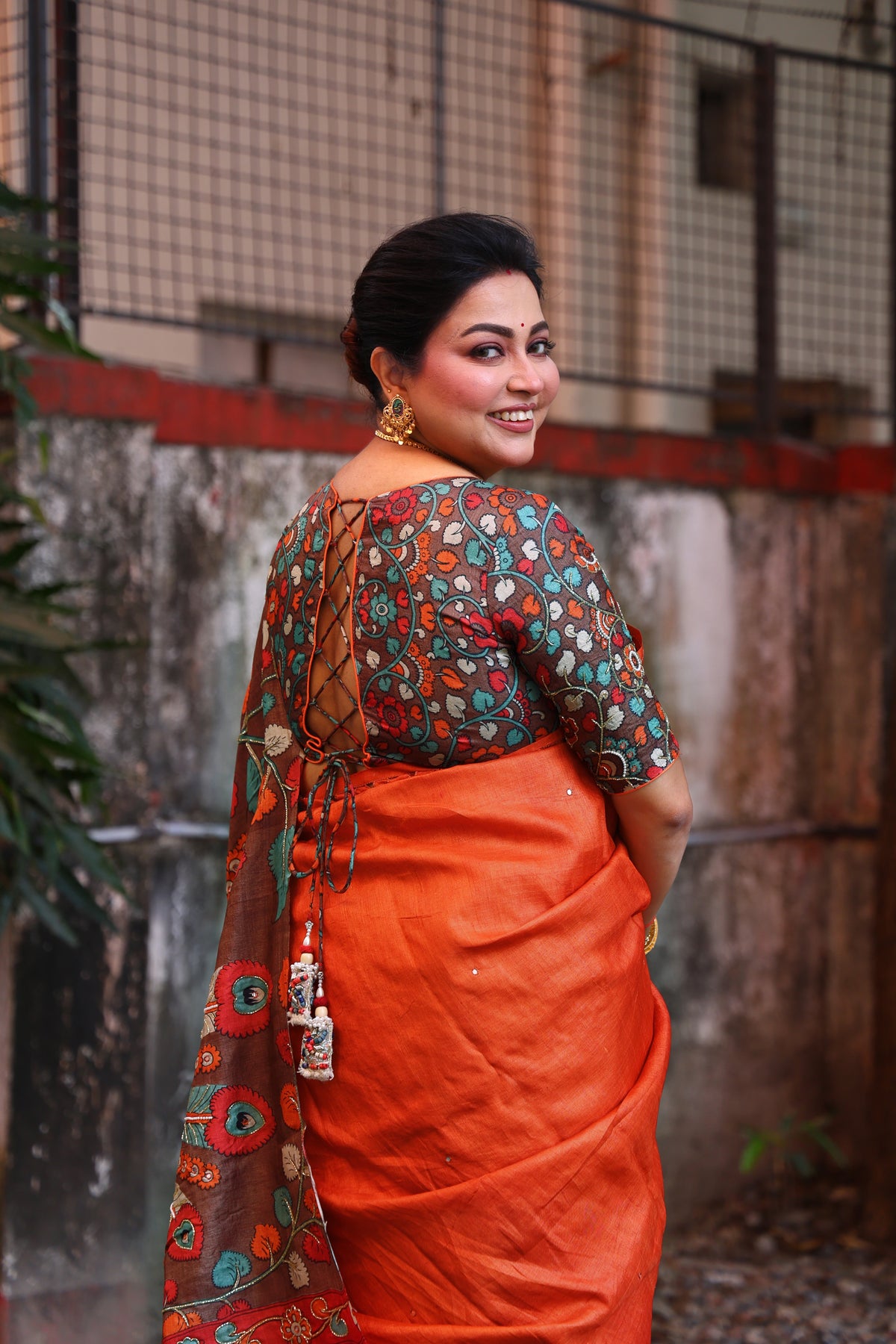 Orange Tussar Cutwork Saree With Blouse Piece