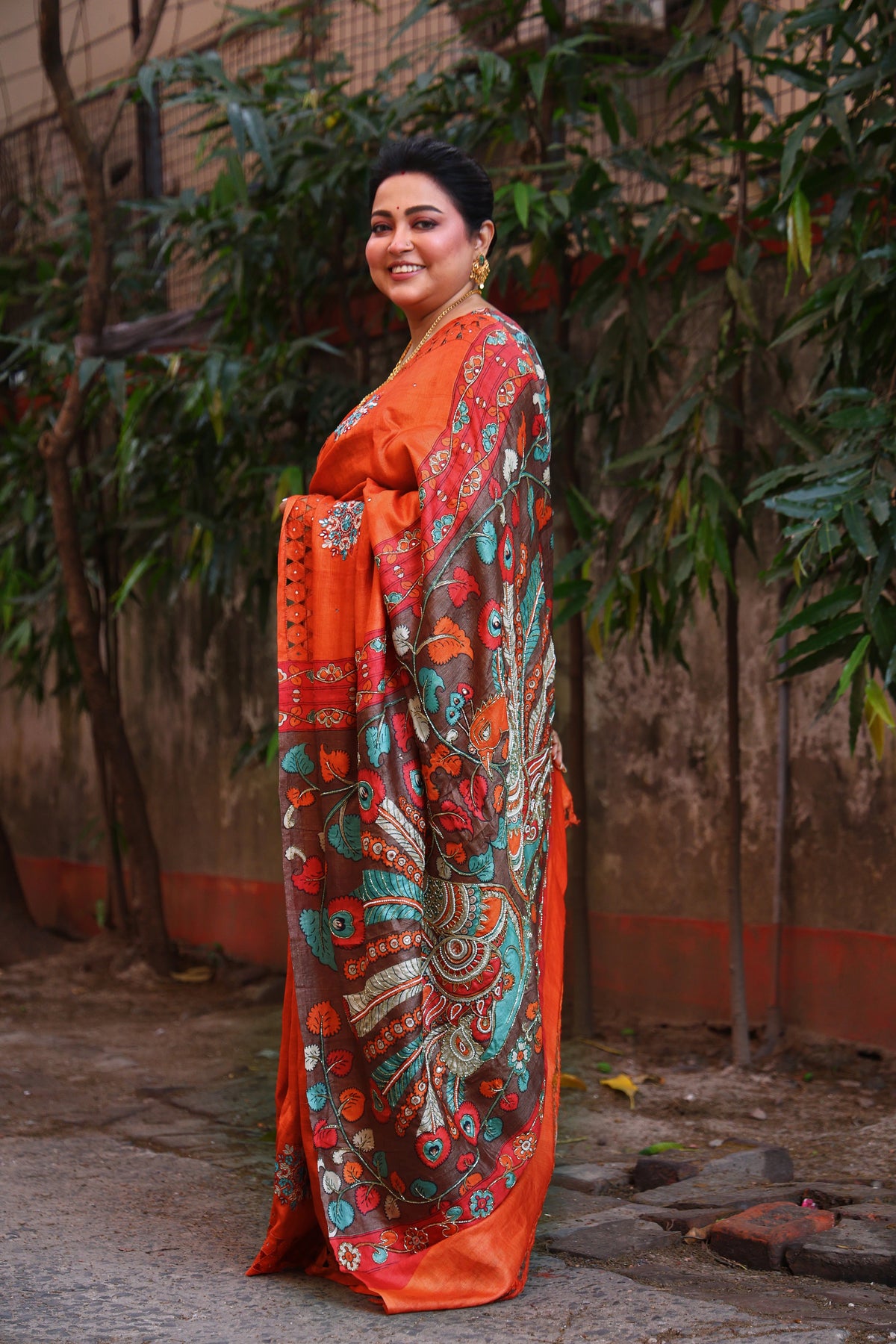 Orange Tussar Cutwork Saree With Blouse Piece