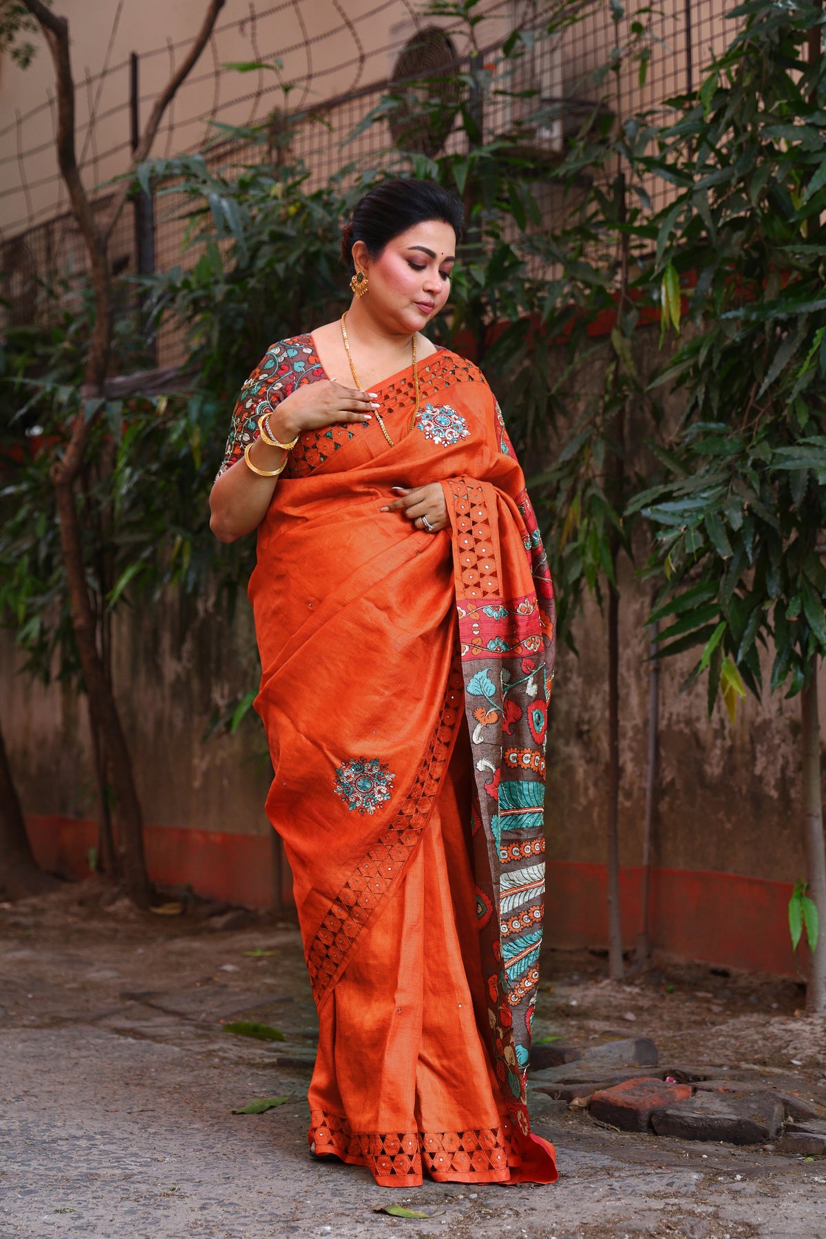 Orange Tussar Cutwork Saree With Blouse Piece