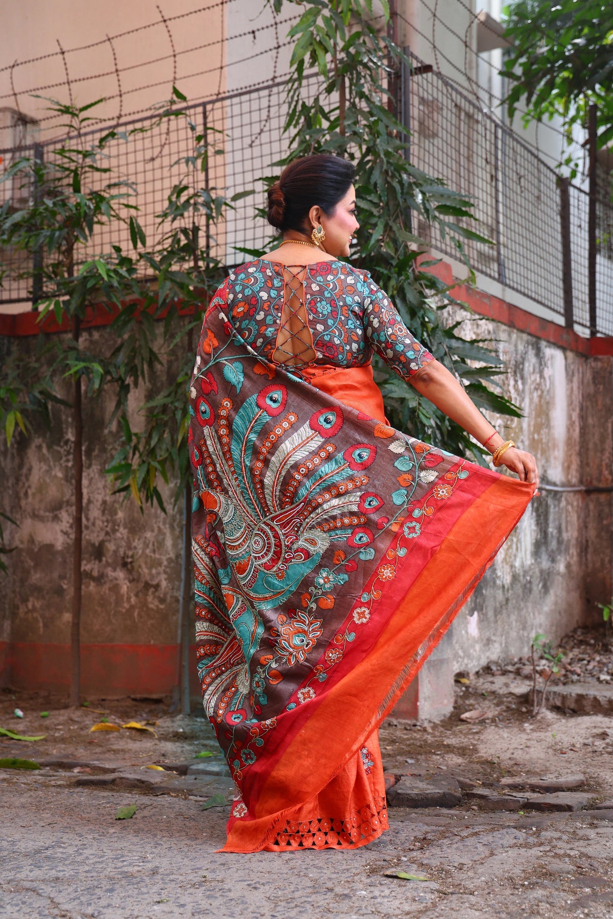 Orange Tussar Cutwork Saree With Blouse Piece