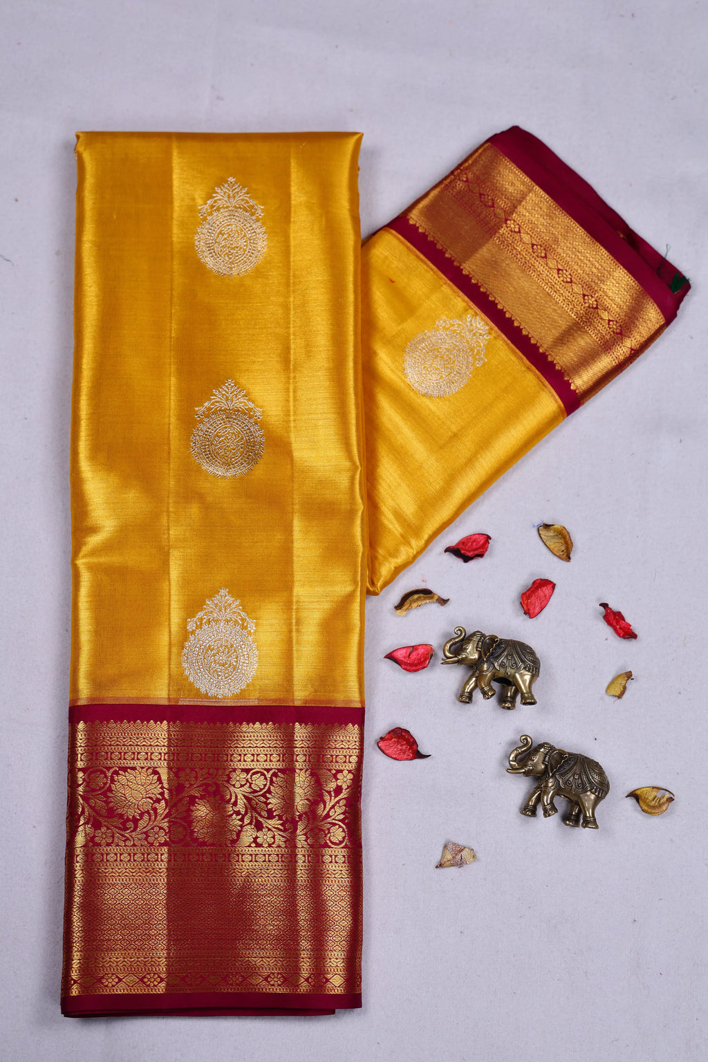 Mustard Yellow And Dark Wine Tissue Kanjivaram Saree With Blouse Piece