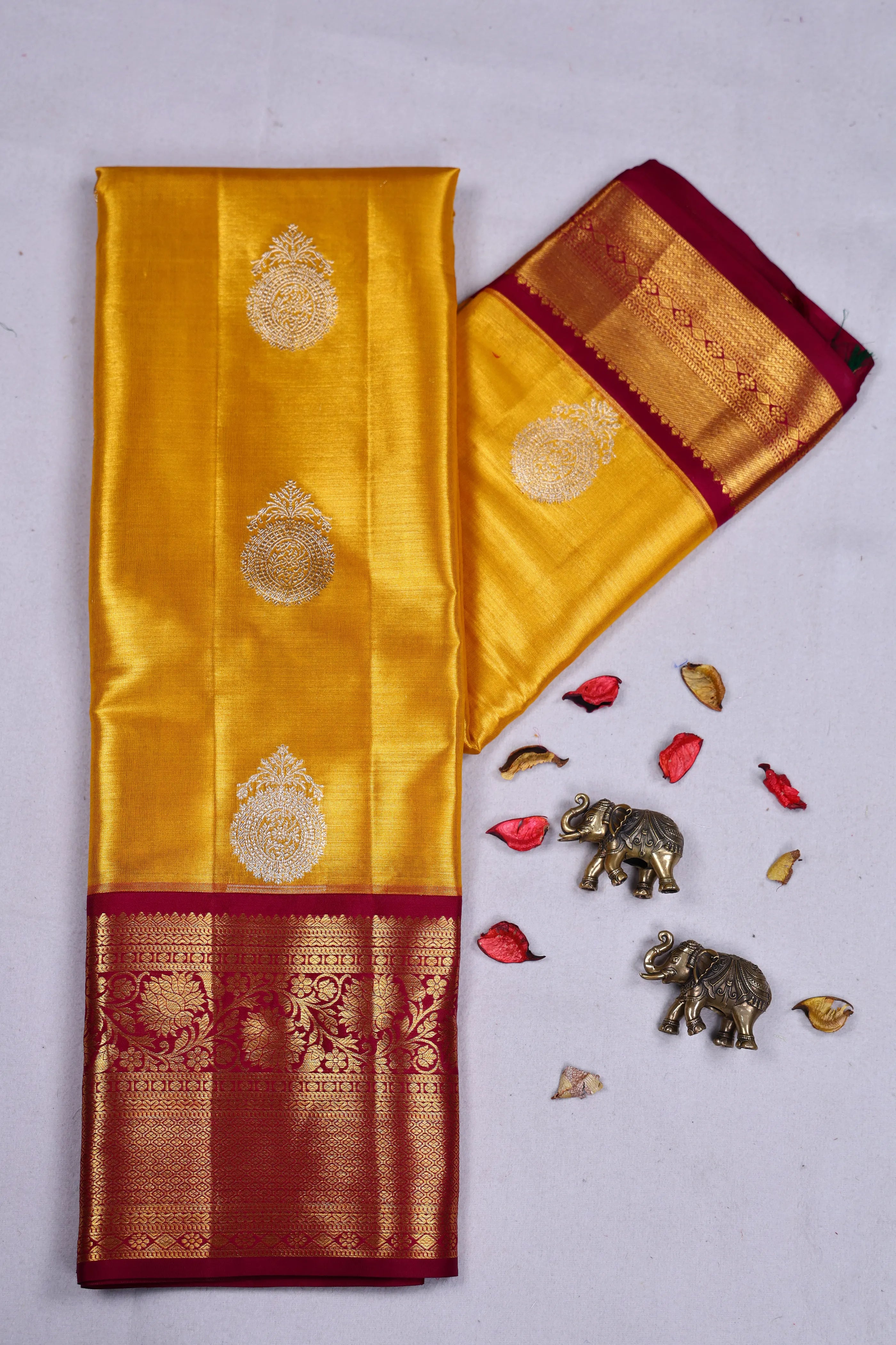 Mustard Yellow And Dark Wine Tissue Kanjivaram Saree With Blouse Piece