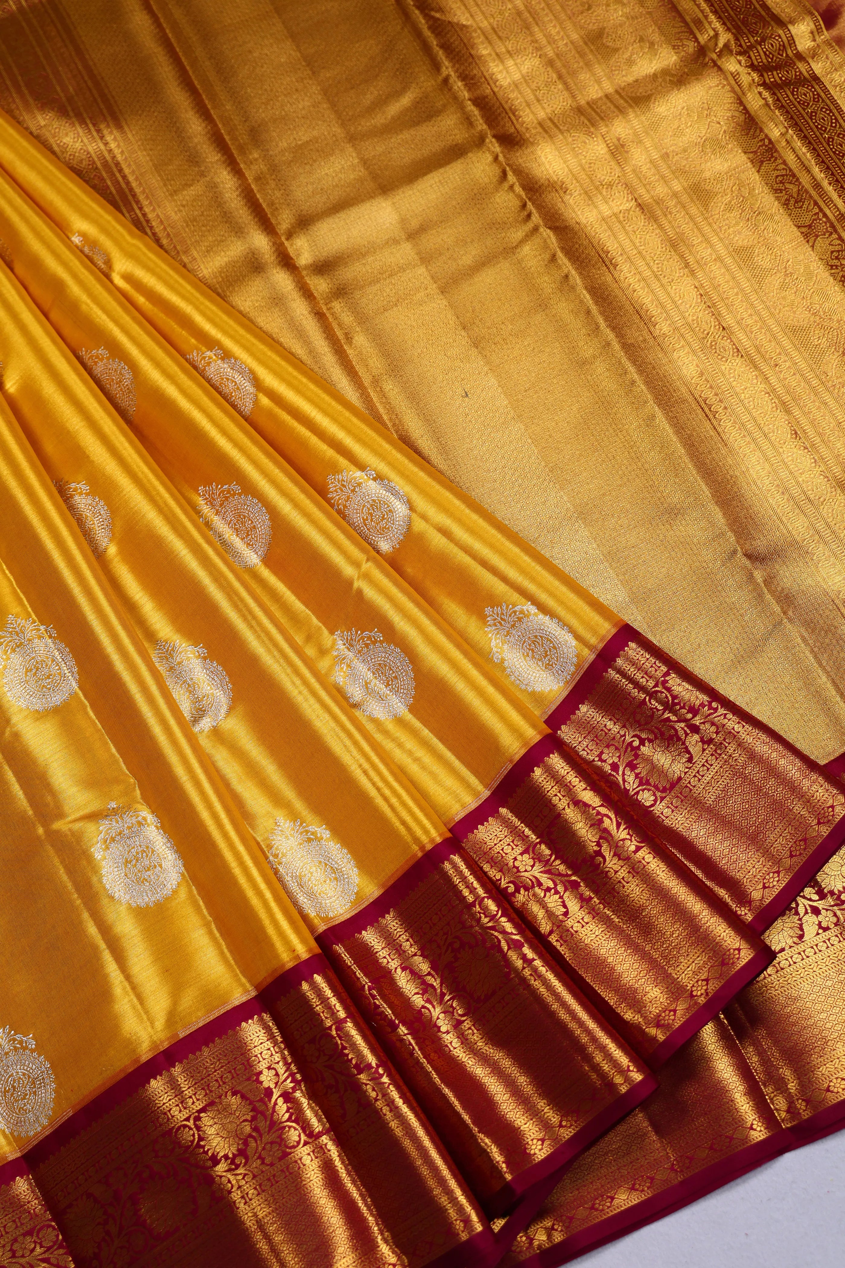 Mustard Yellow And Dark Wine Tissue Kanjivaram Saree With Blouse Piece