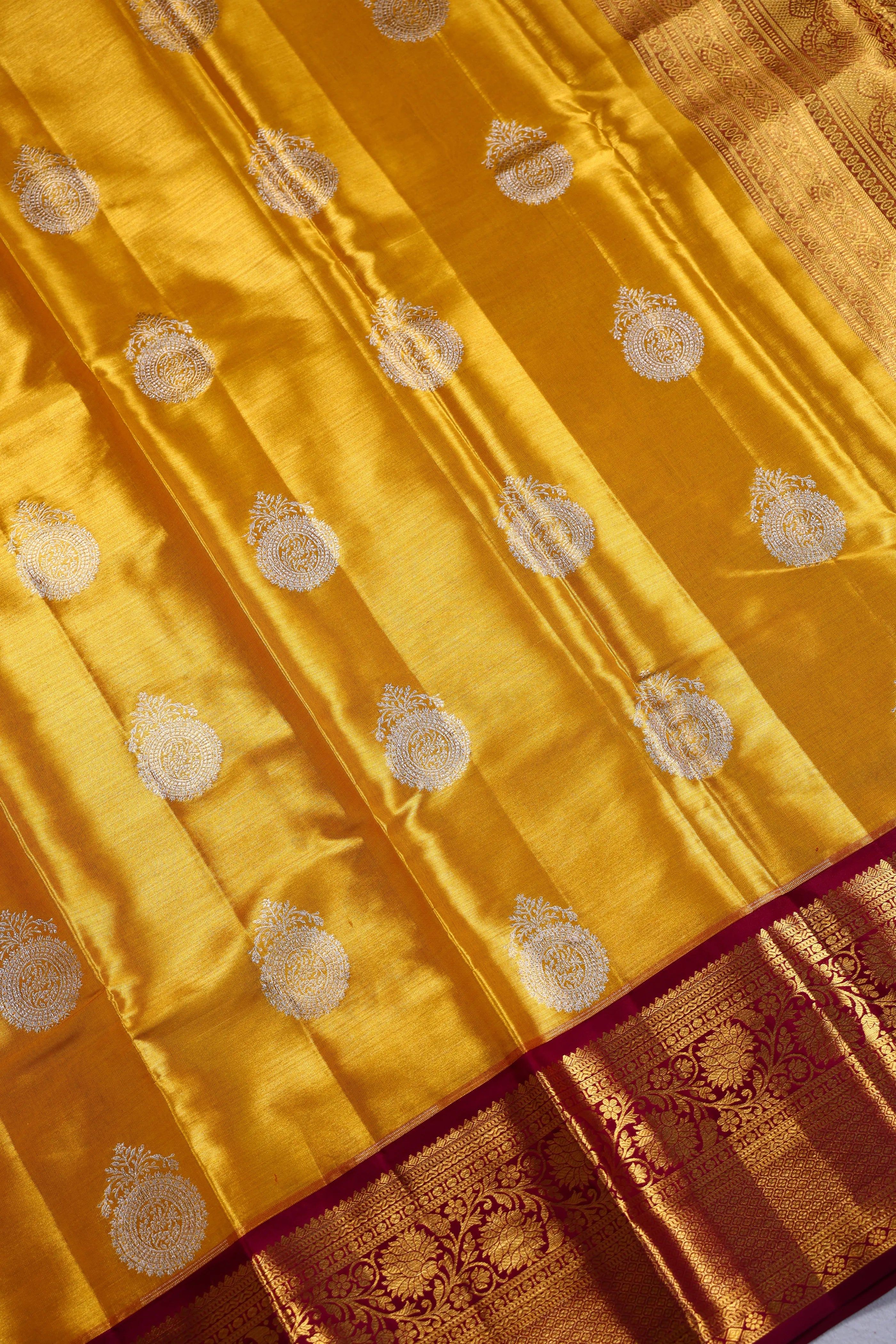 Mustard Yellow And Dark Wine Tissue Kanjivaram Saree With Blouse Piece