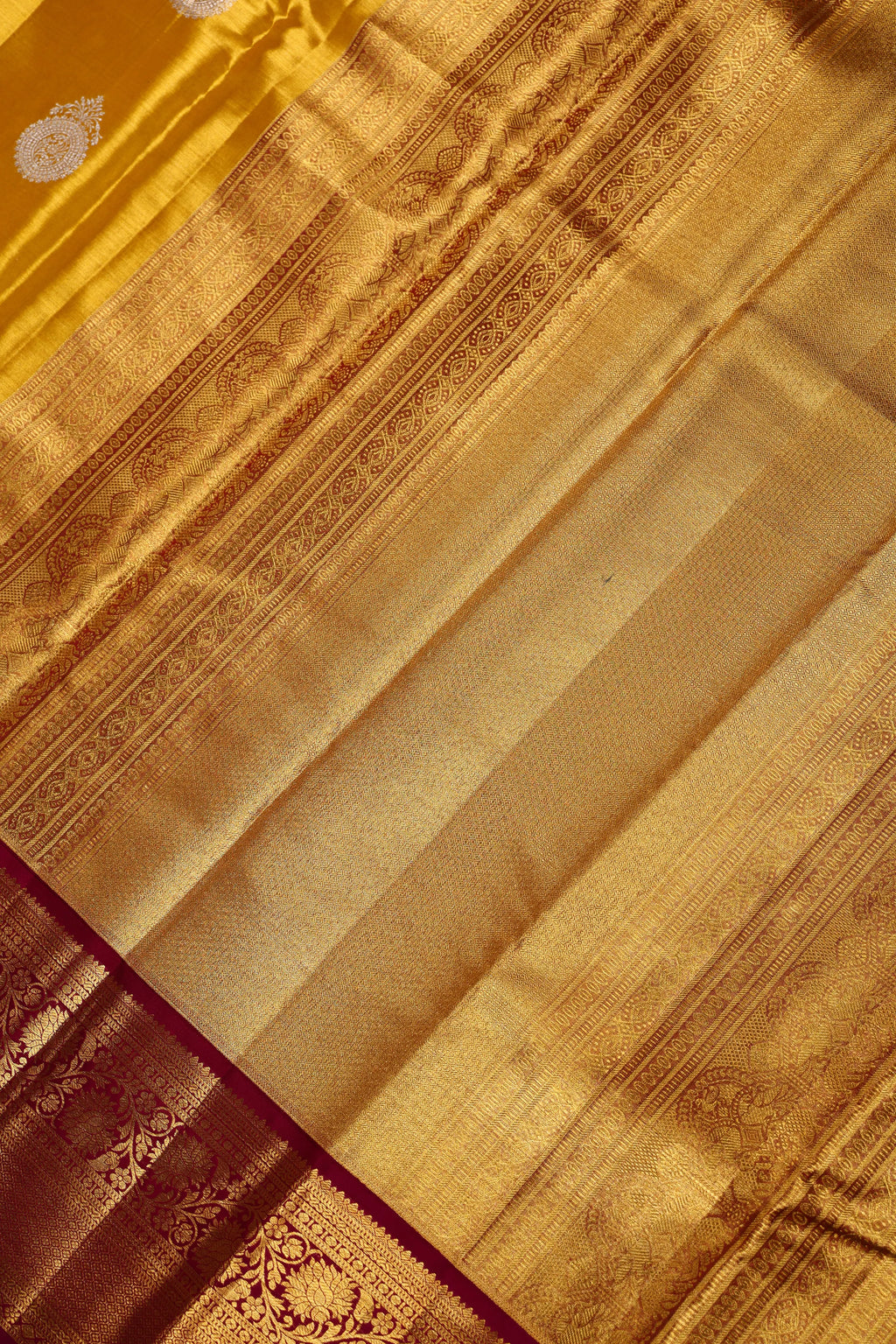 Mustard Yellow And Dark Wine Tissue Kanjivaram Saree With Blouse Piece