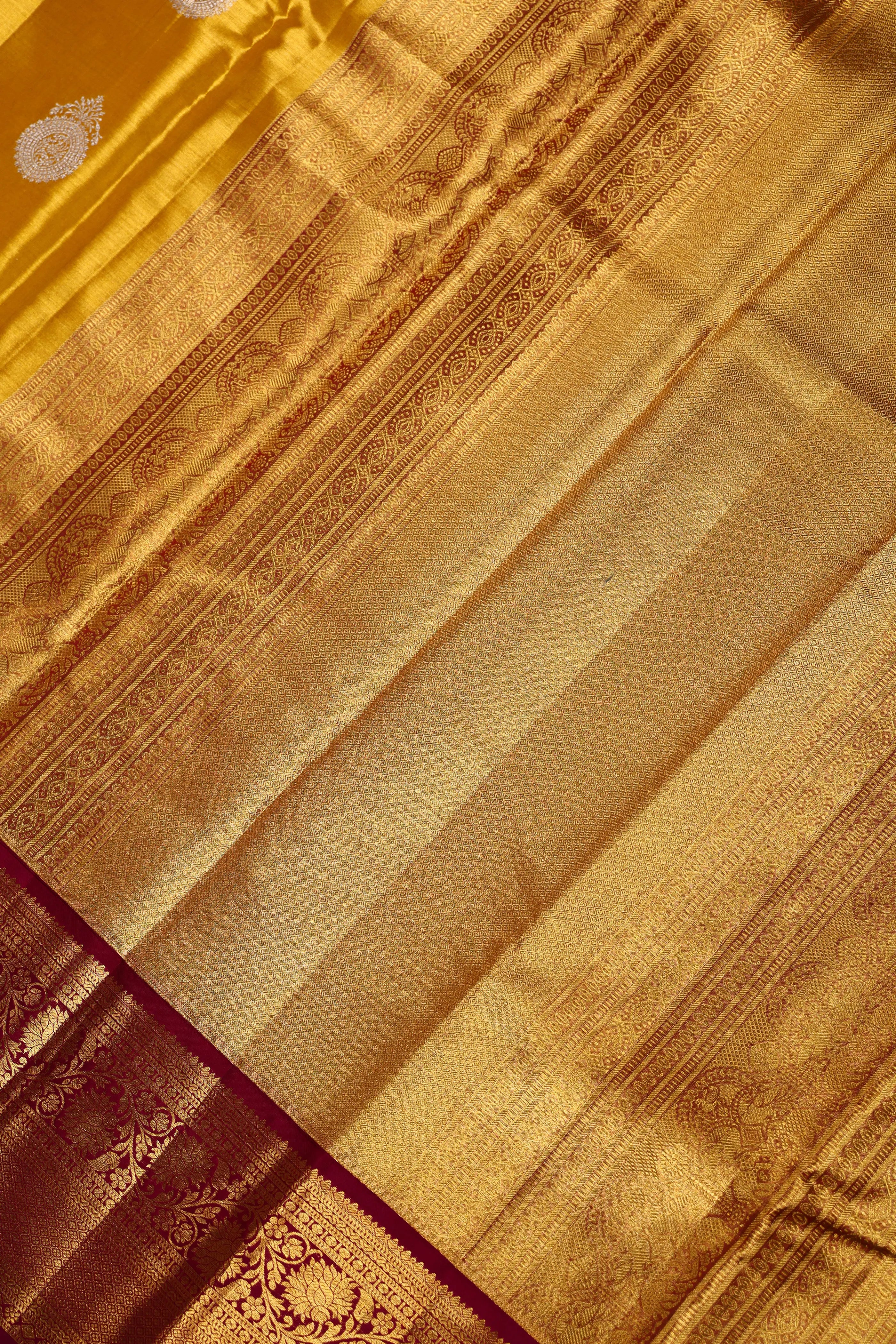 Mustard Yellow And Dark Wine Tissue Kanjivaram Saree With Blouse Piece