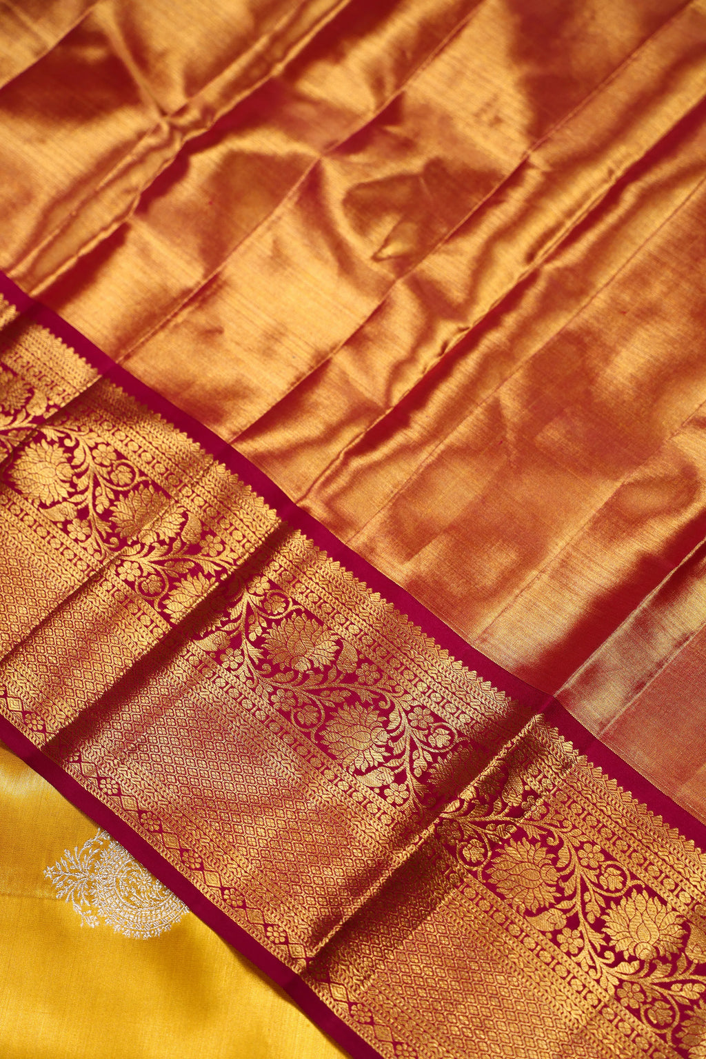 Mustard Yellow And Dark Wine Tissue Kanjivaram Saree With Blouse Piece