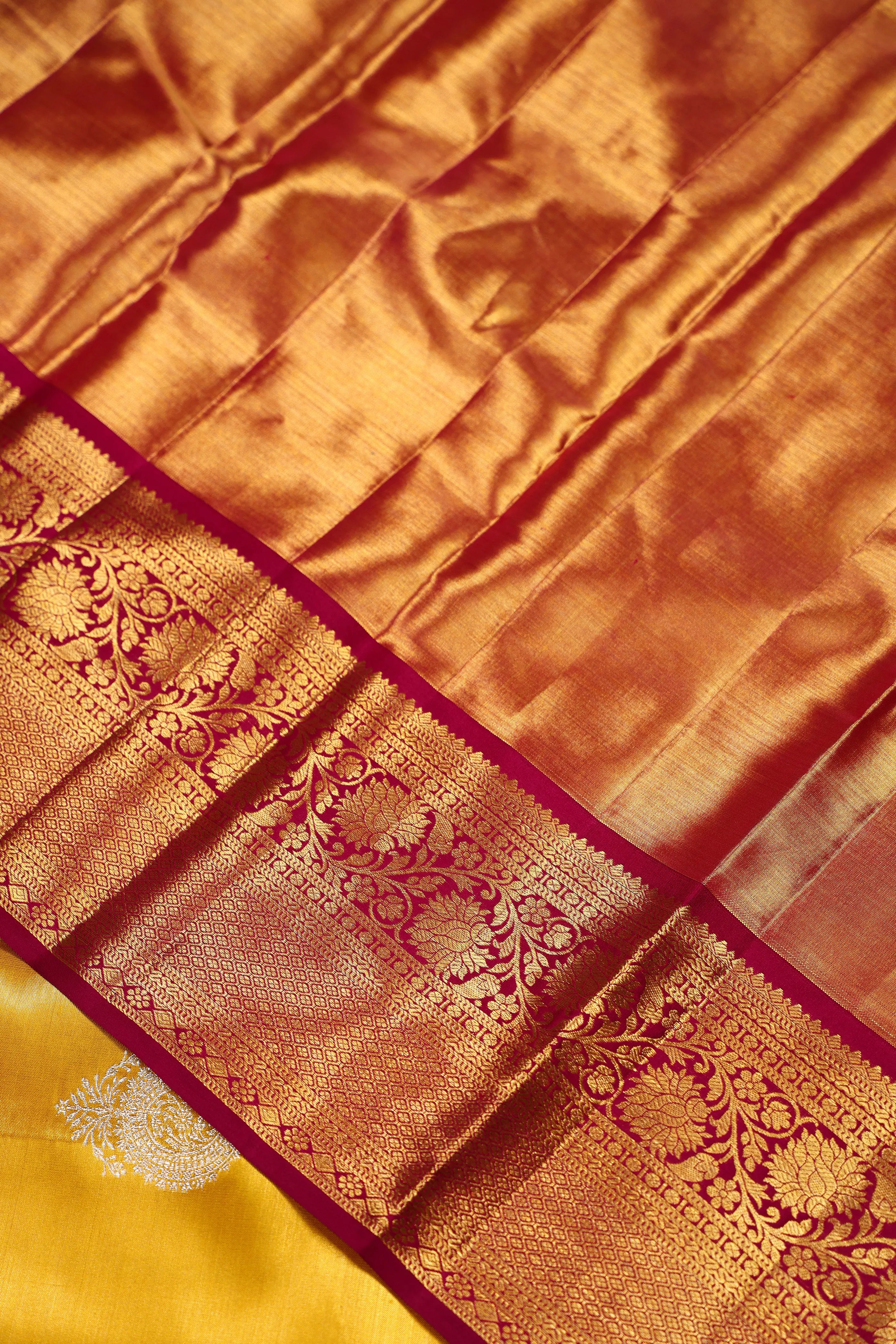 Mustard Yellow And Dark Wine Tissue Kanjivaram Saree With Blouse Piece