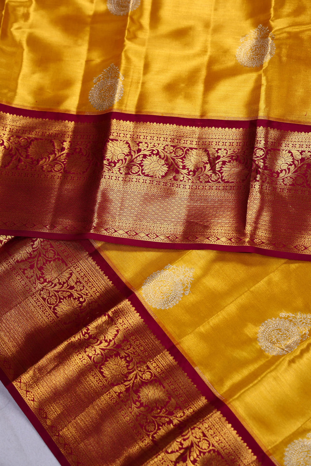 Mustard Yellow And Dark Wine Tissue Kanjivaram Saree With Blouse Piece
