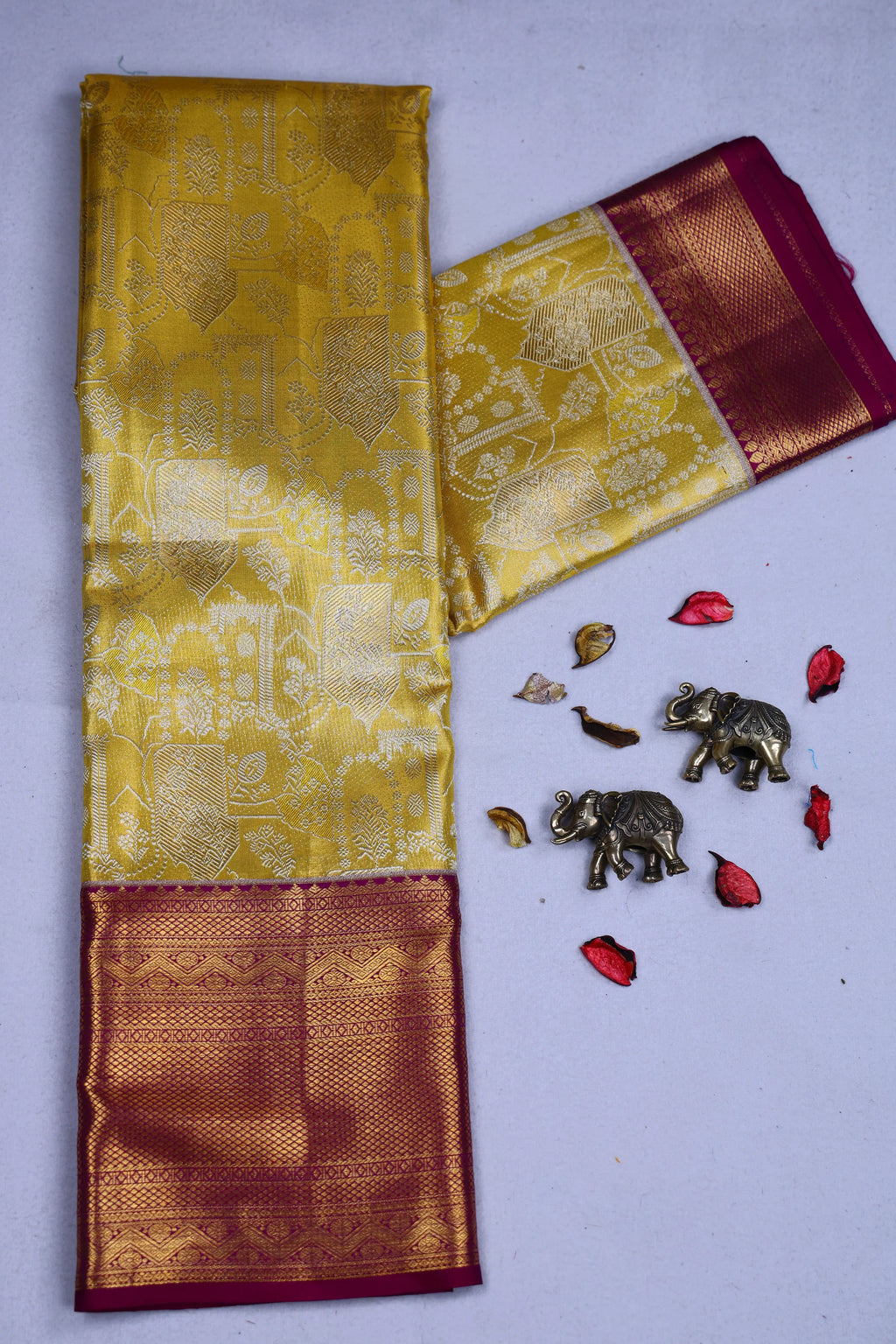Yellow And Wine Brocade Kanjivaram Saree With Blouse Piece