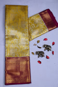 Yellow And Wine Brocade Kanjivaram Saree With Blouse Piece