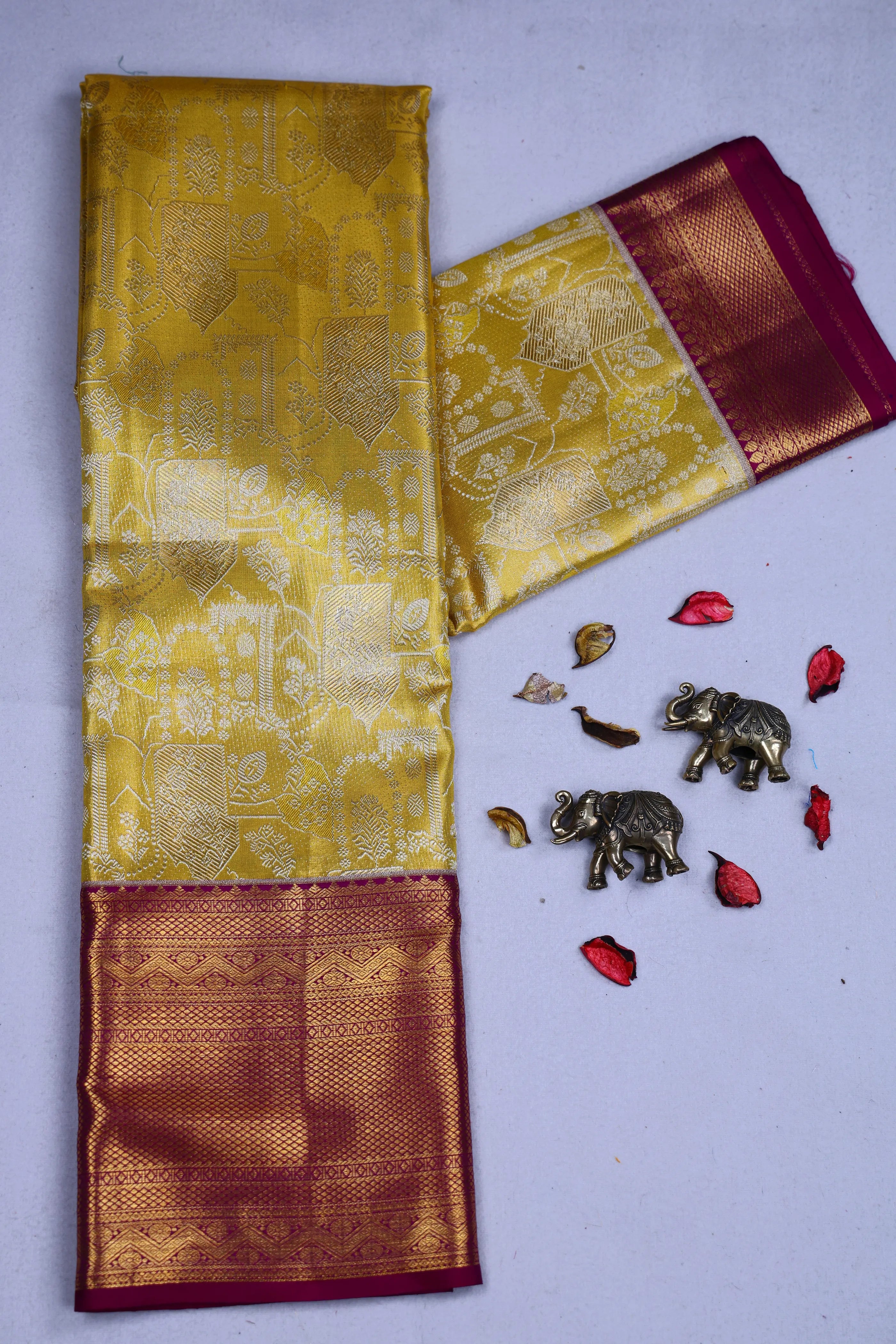 Yellow And Wine Brocade Kanjivaram Saree With Blouse Piece