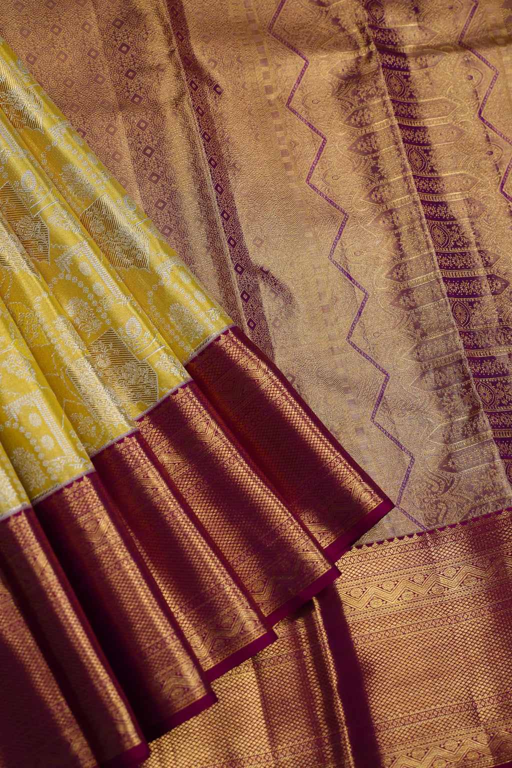 Yellow And Wine Brocade Kanjivaram Saree With Blouse Piece