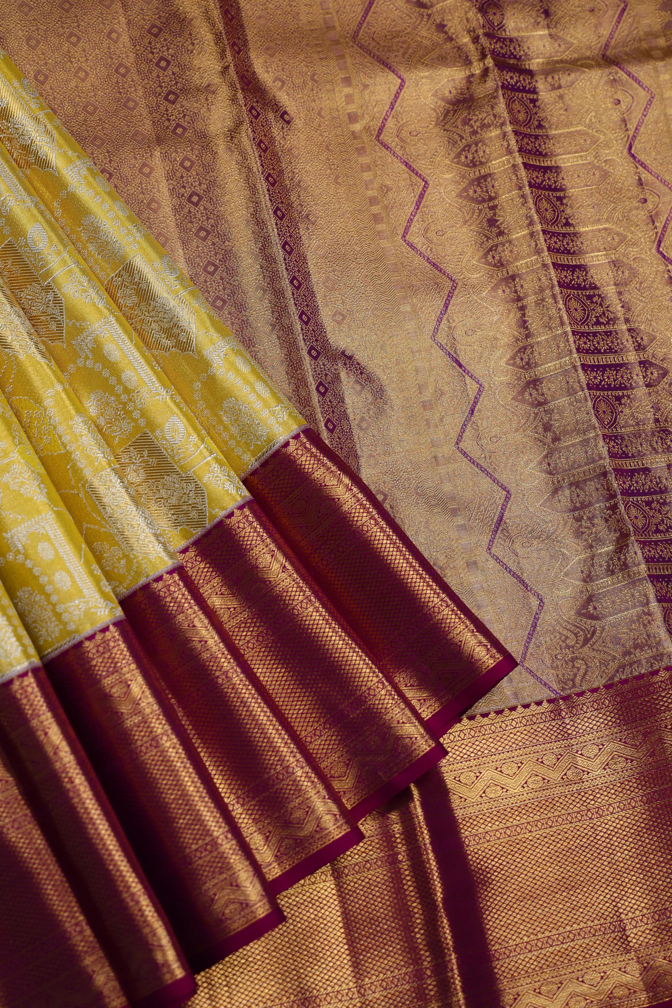 Yellow And Wine Brocade Kanjivaram Saree With Blouse Piece