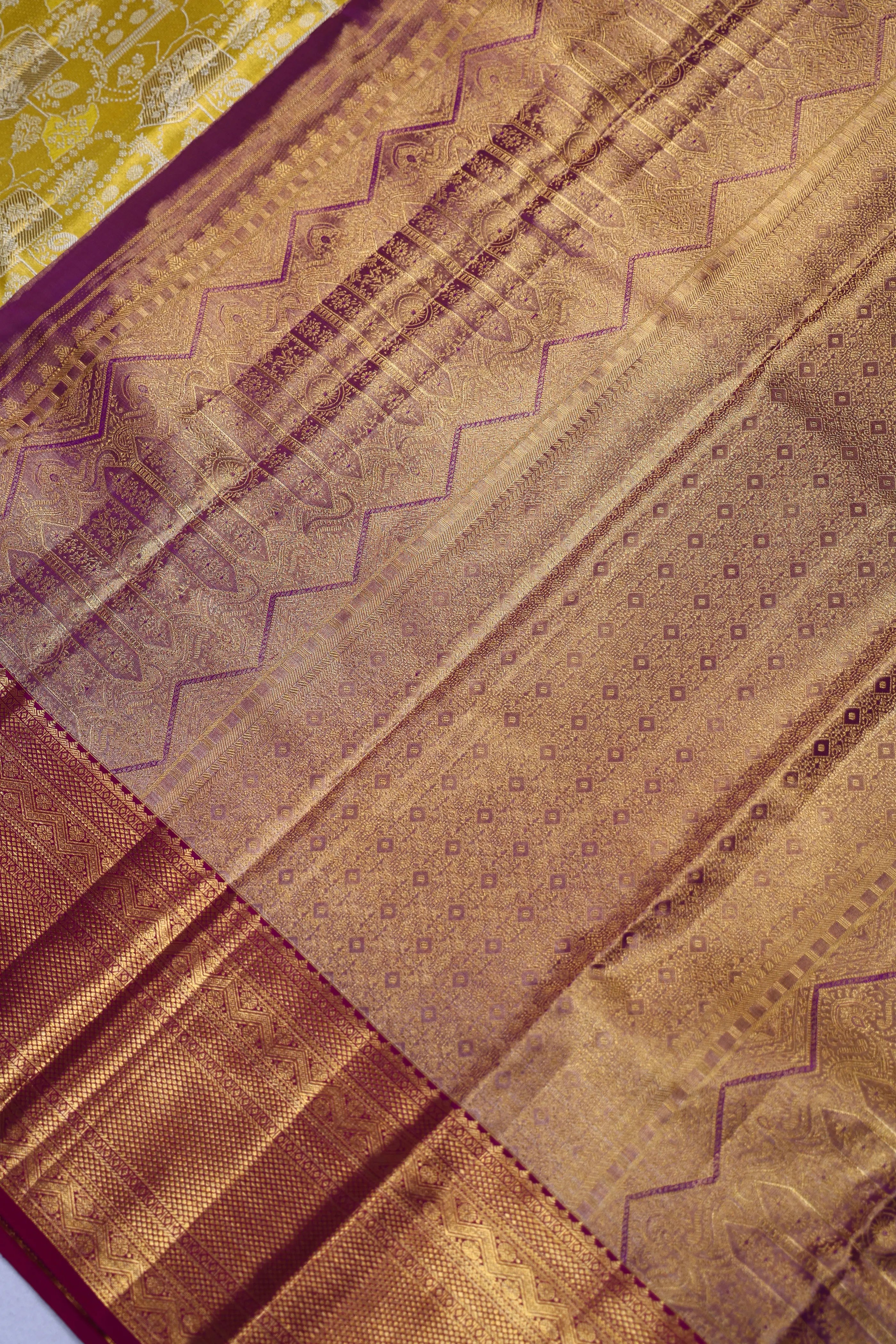 Yellow And Wine Brocade Kanjivaram Saree With Blouse Piece