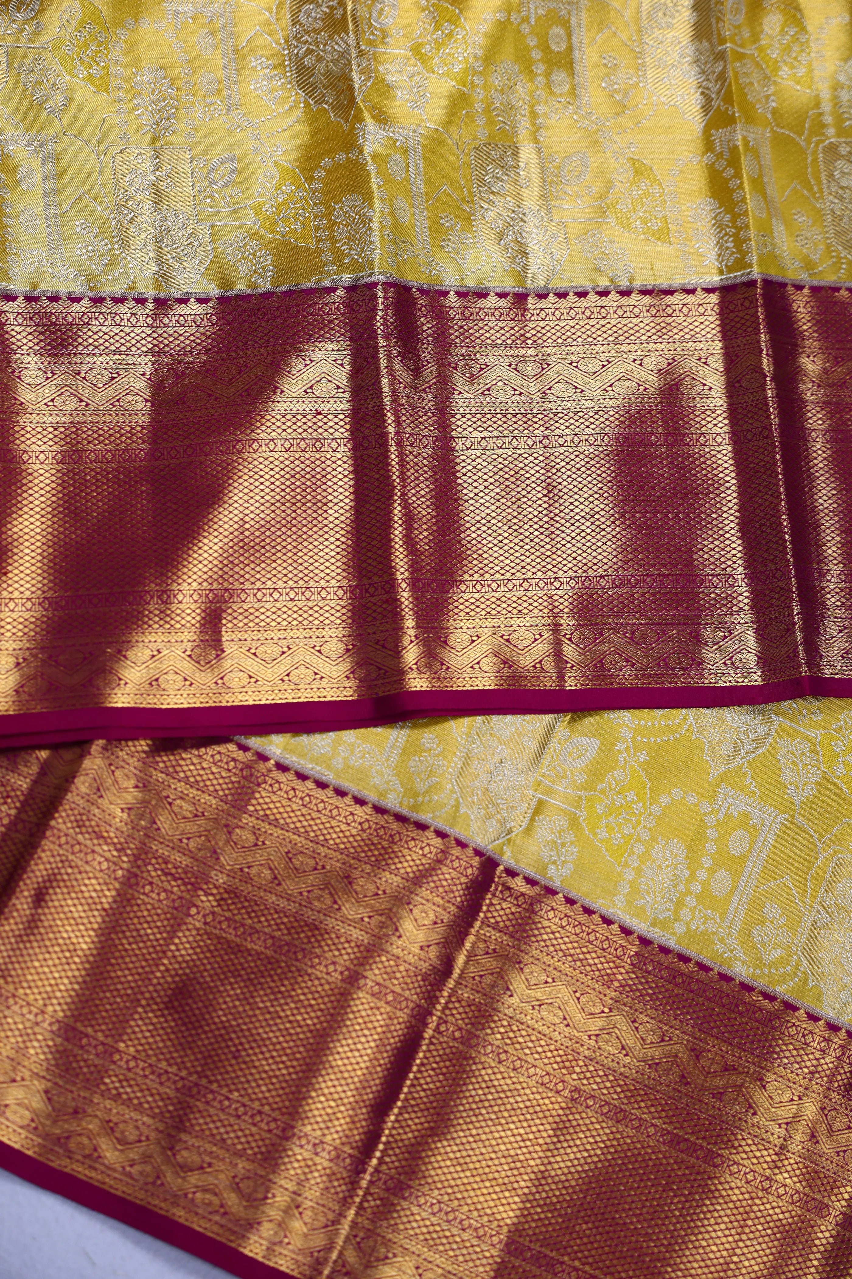 Yellow And Wine Brocade Kanjivaram Saree With Blouse Piece