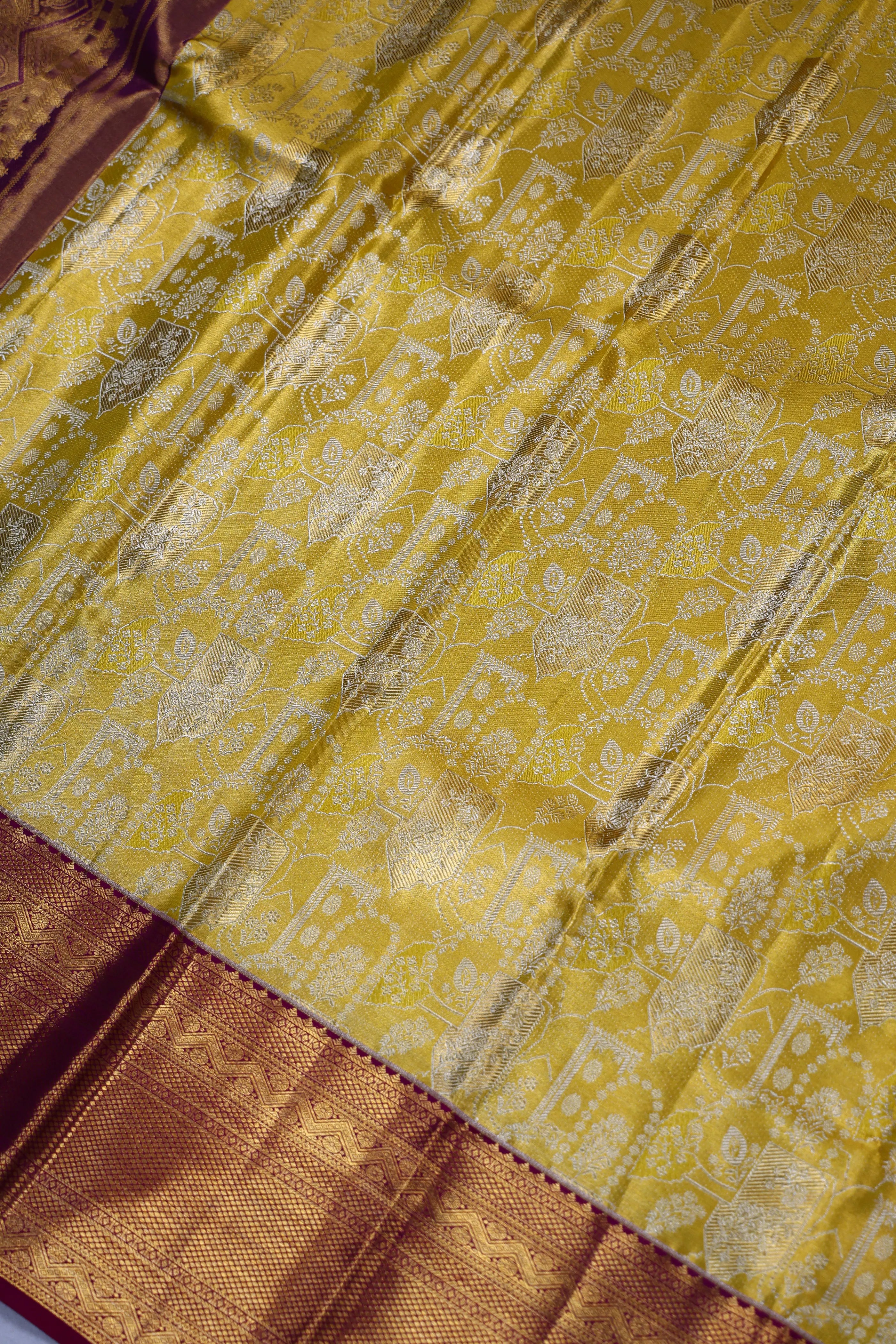 Yellow And Wine Brocade Kanjivaram Saree With Blouse Piece