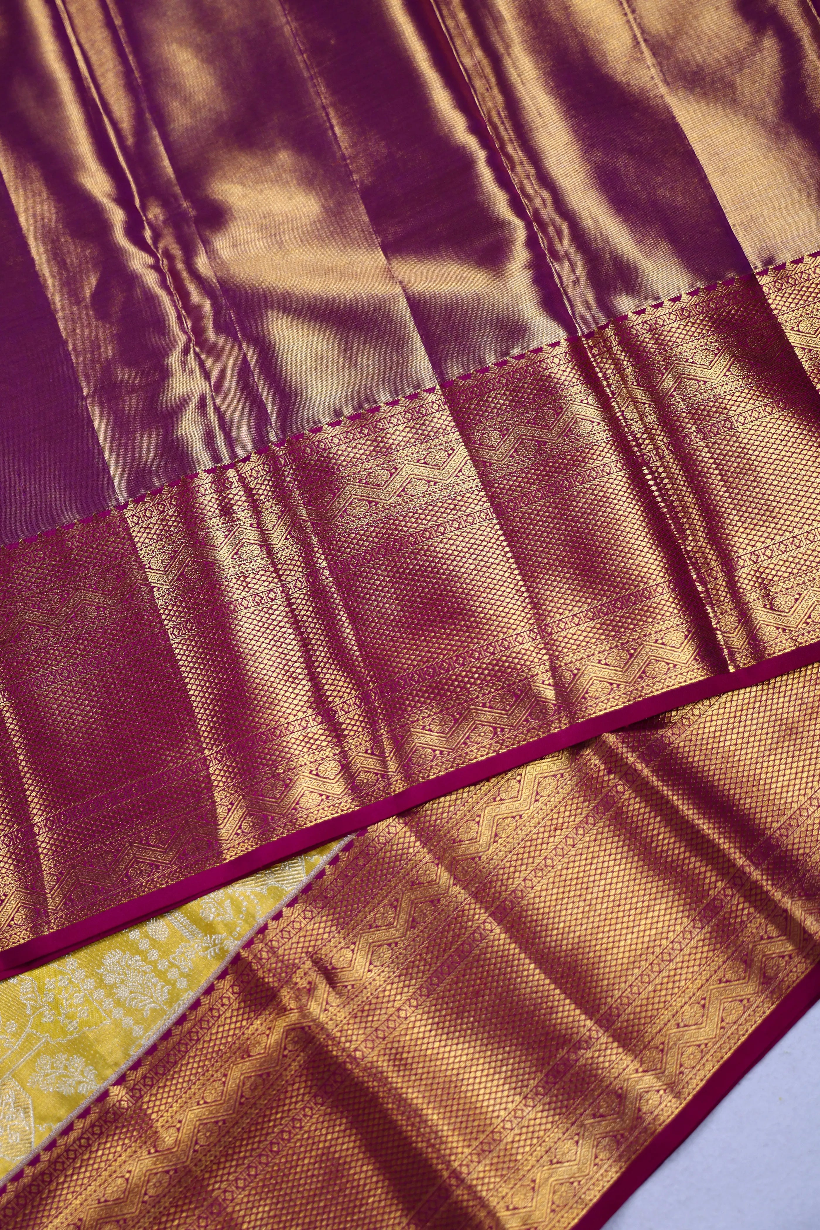 Yellow And Wine Brocade Kanjivaram Saree With Blouse Piece