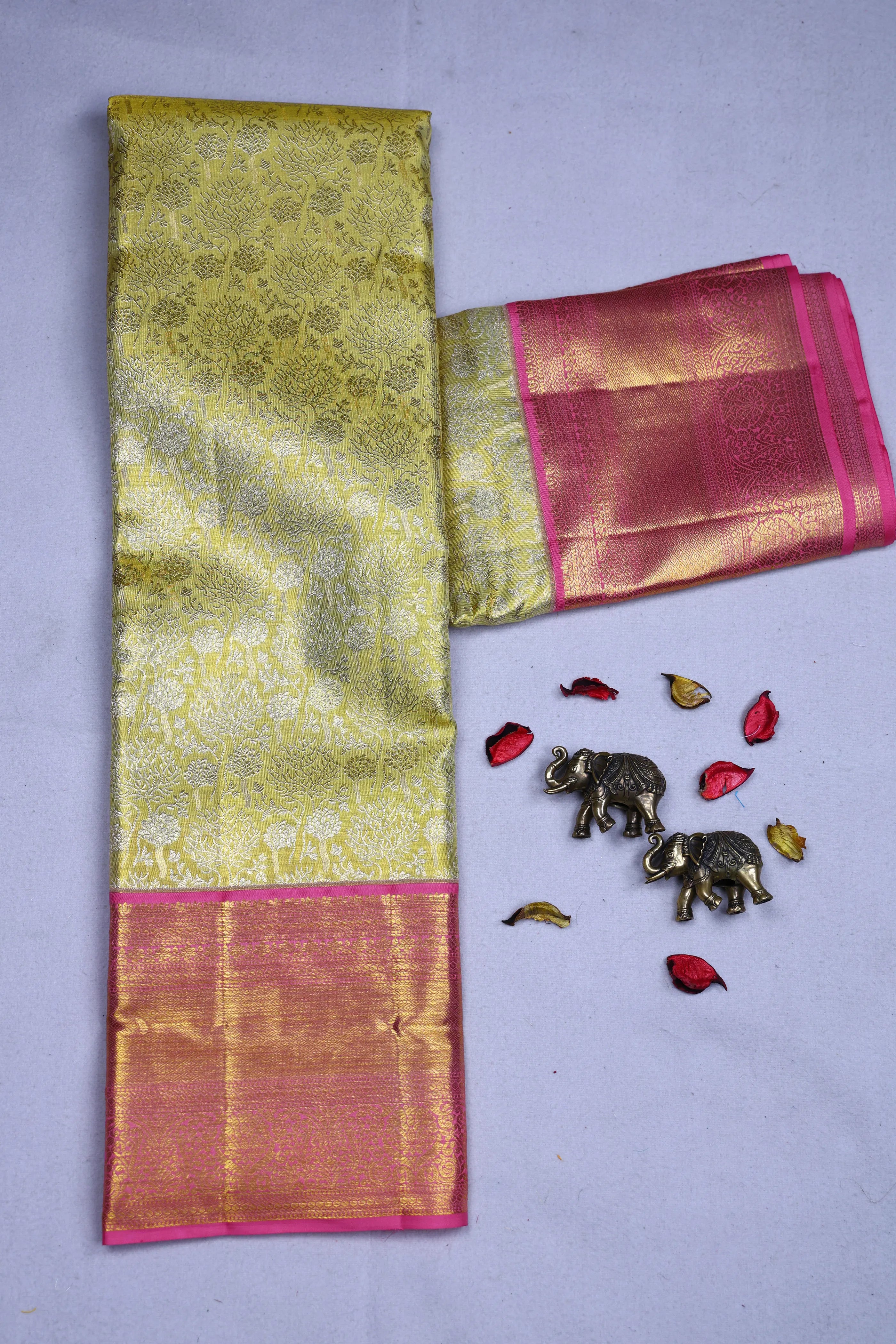 Lemon And Baby Pink Brocade Kanjivaram Saree With Blouse Piece