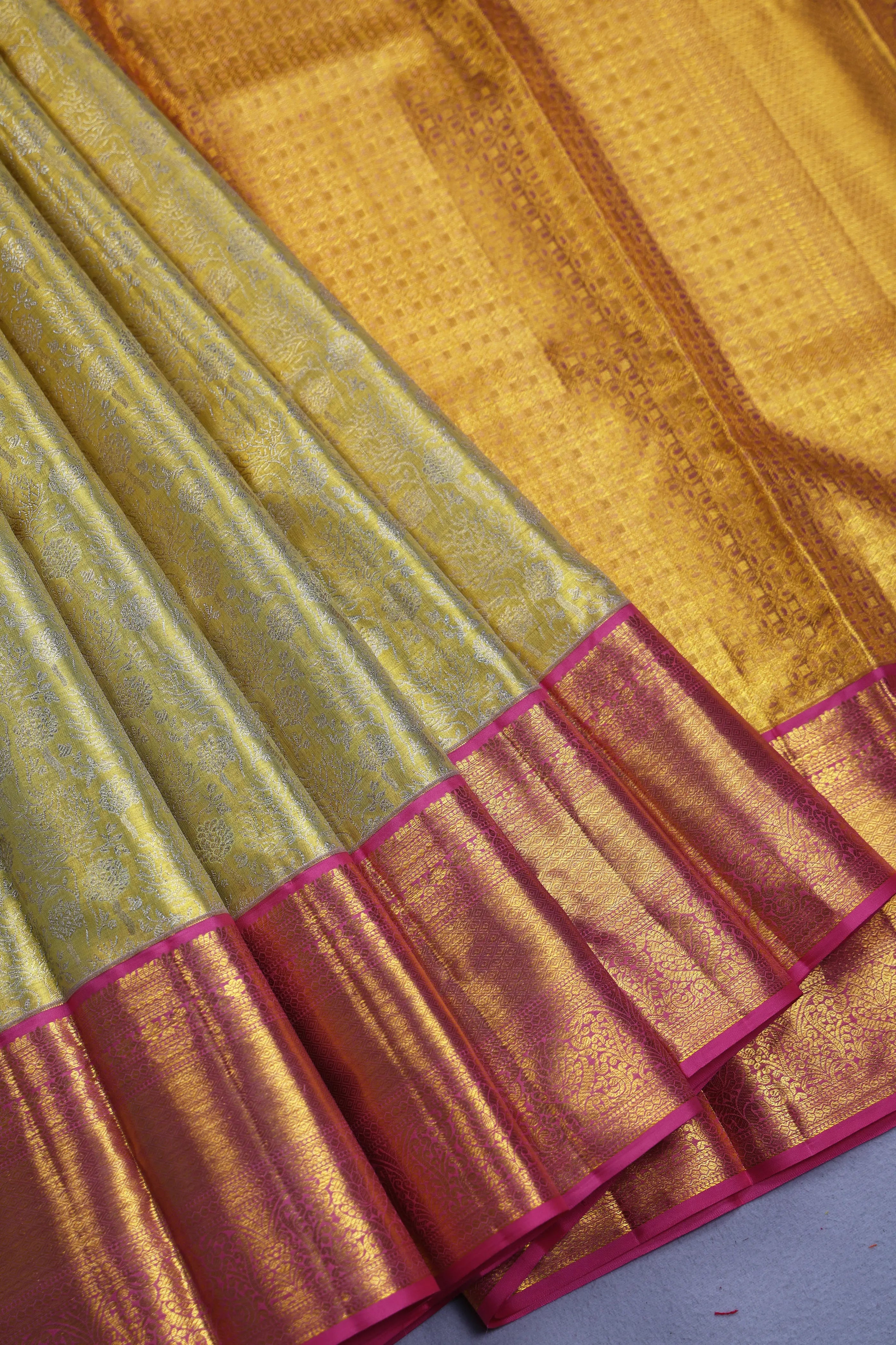 Lemon And Baby Pink Brocade Kanjivaram Saree With Blouse Piece