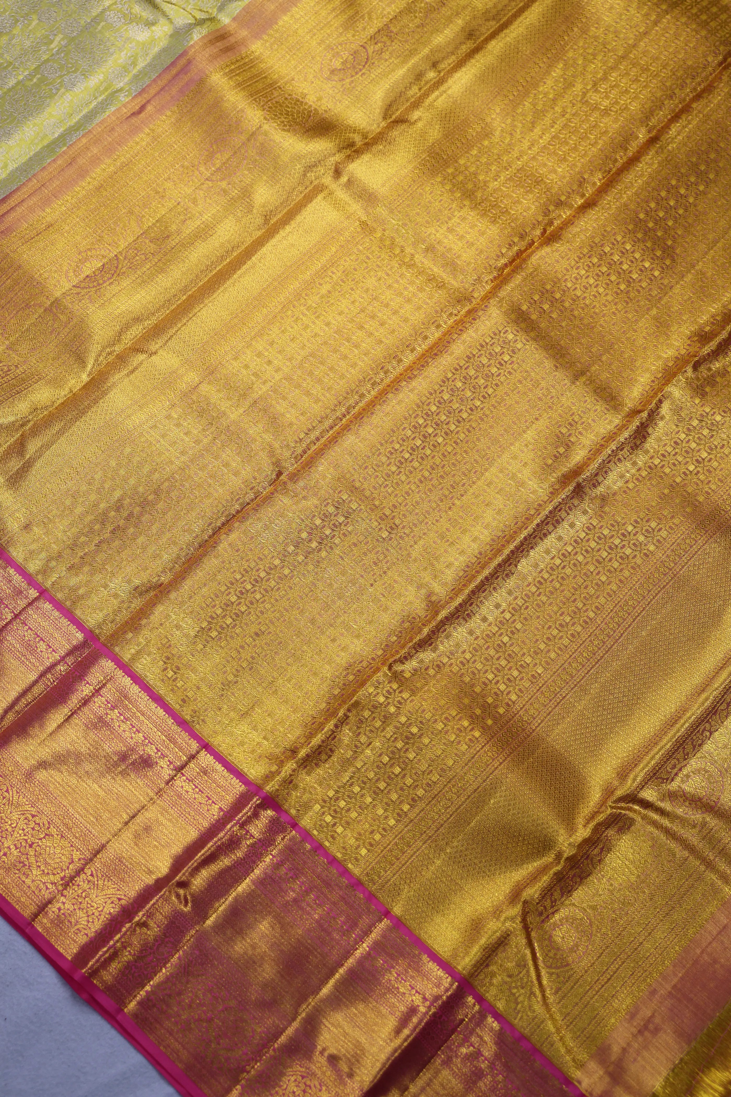 Lemon And Baby Pink Brocade Kanjivaram Saree With Blouse Piece