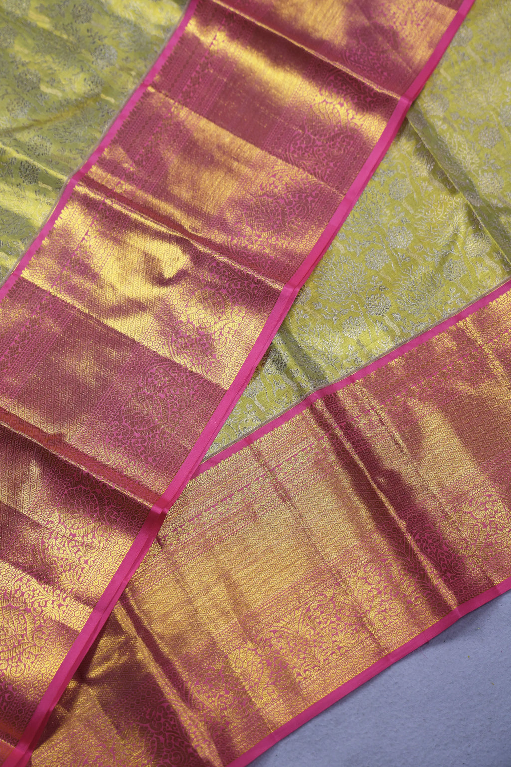 Lemon And Baby Pink Brocade Kanjivaram Saree With Blouse Piece