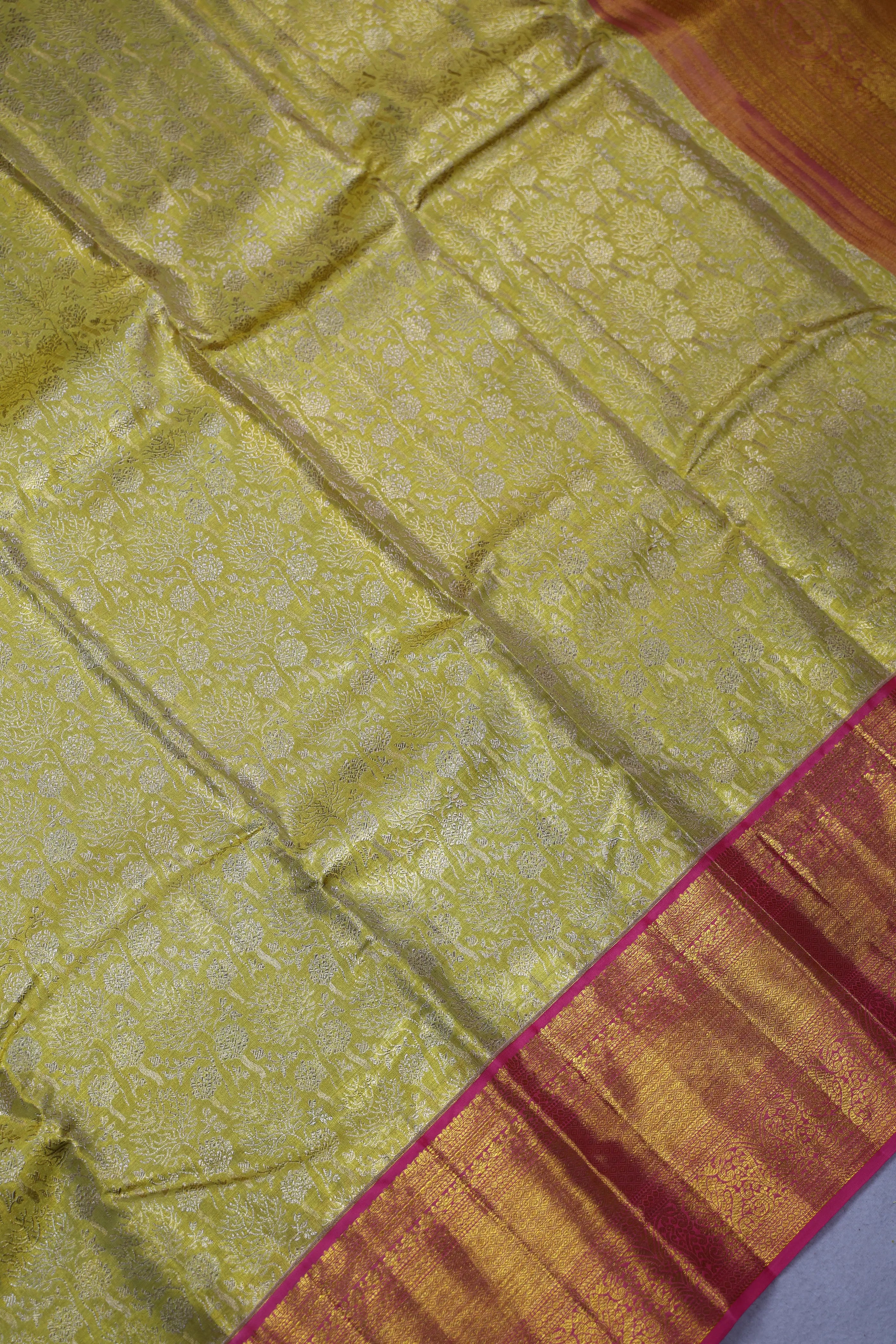 Lemon And Baby Pink Brocade Kanjivaram Saree With Blouse Piece