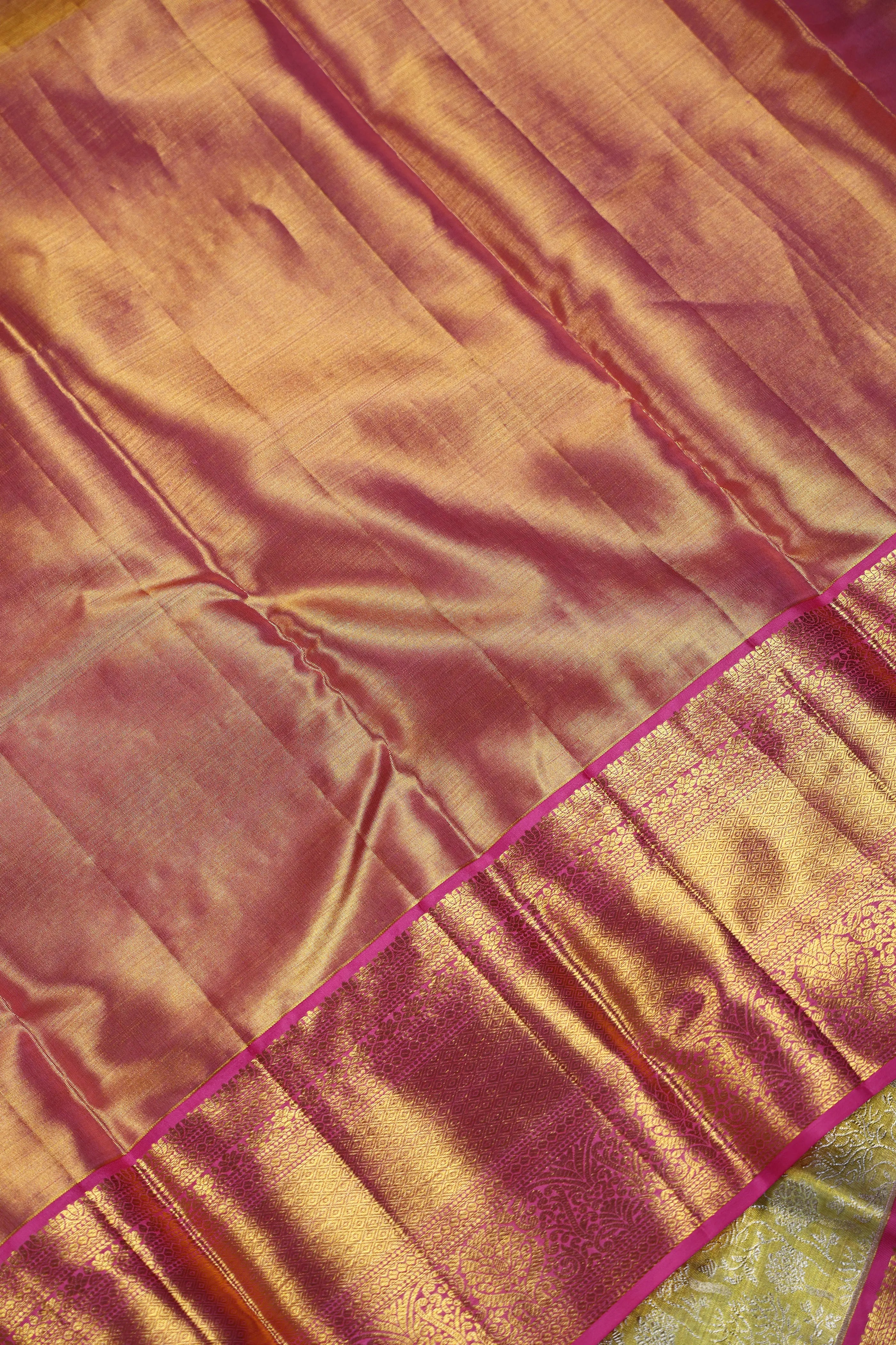 Lemon And Baby Pink Brocade Kanjivaram Saree With Blouse Piece