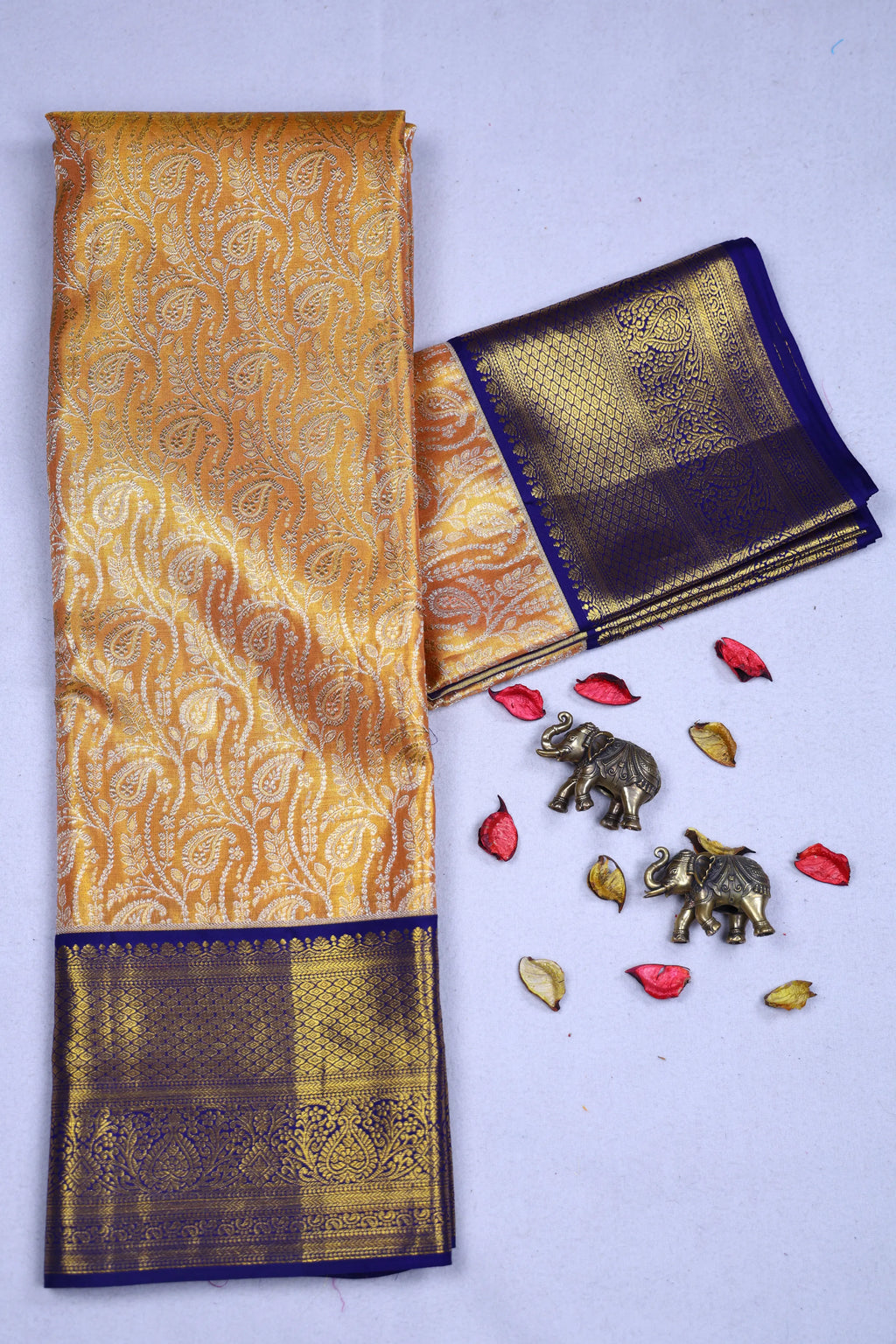 Orangish Gold Dark Purple Brocade Kanjivaram Saree With Blouse Piece