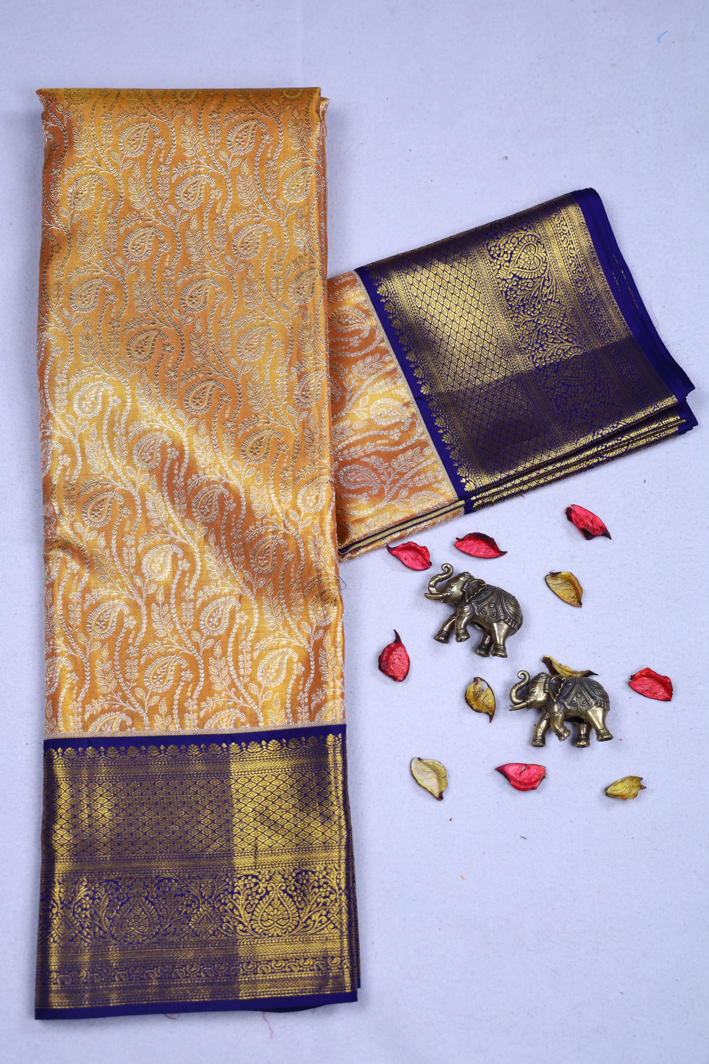 Orangish Gold Dark Purple Brocade Kanjivaram Saree With Blouse Piece