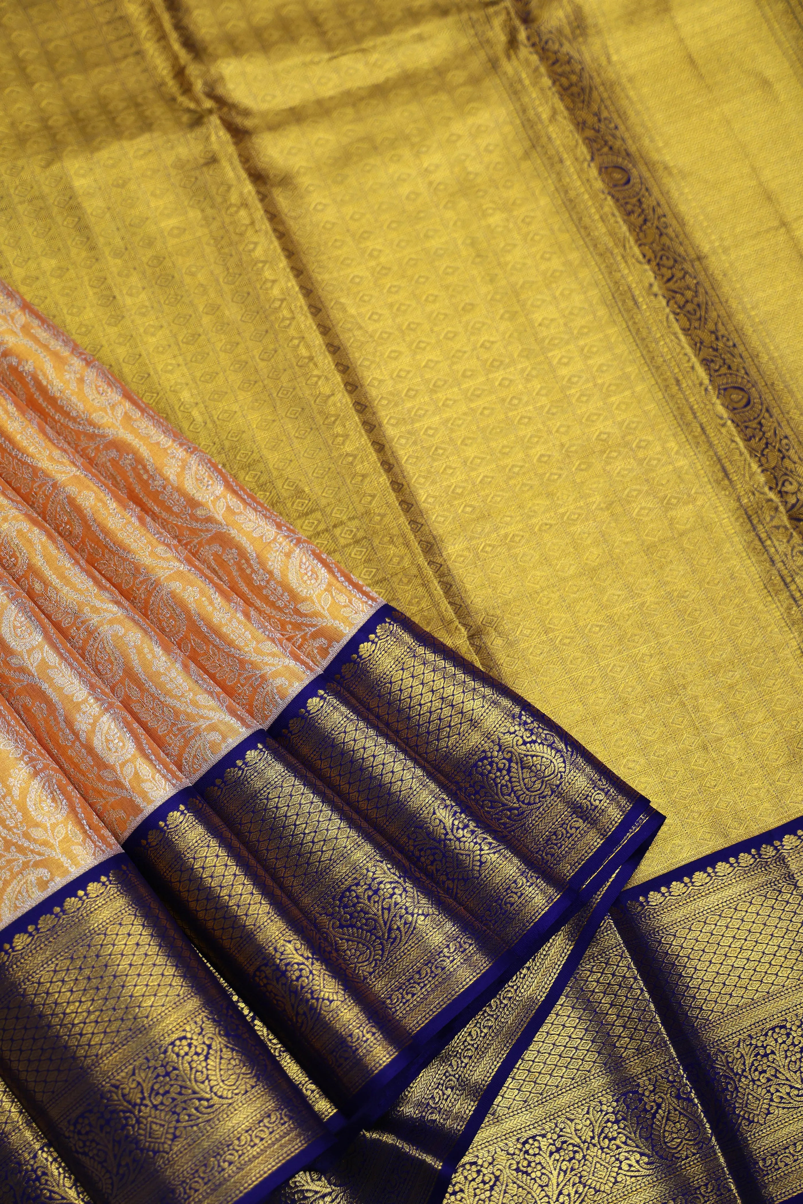 Orangish Gold Dark Purple Brocade Kanjivaram Saree With Blouse Piece