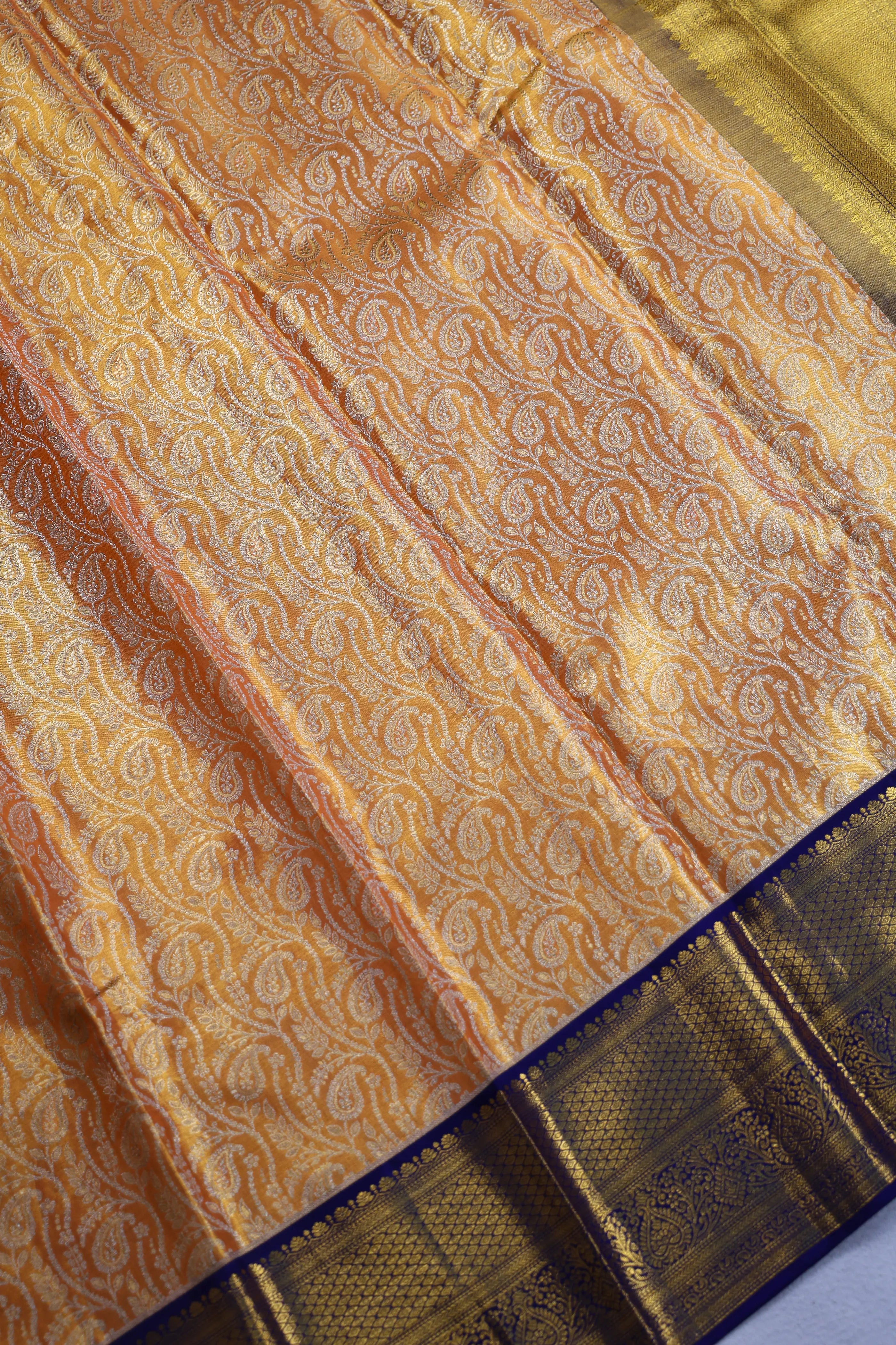 Orangish Gold Dark Purple Brocade Kanjivaram Saree With Blouse Piece