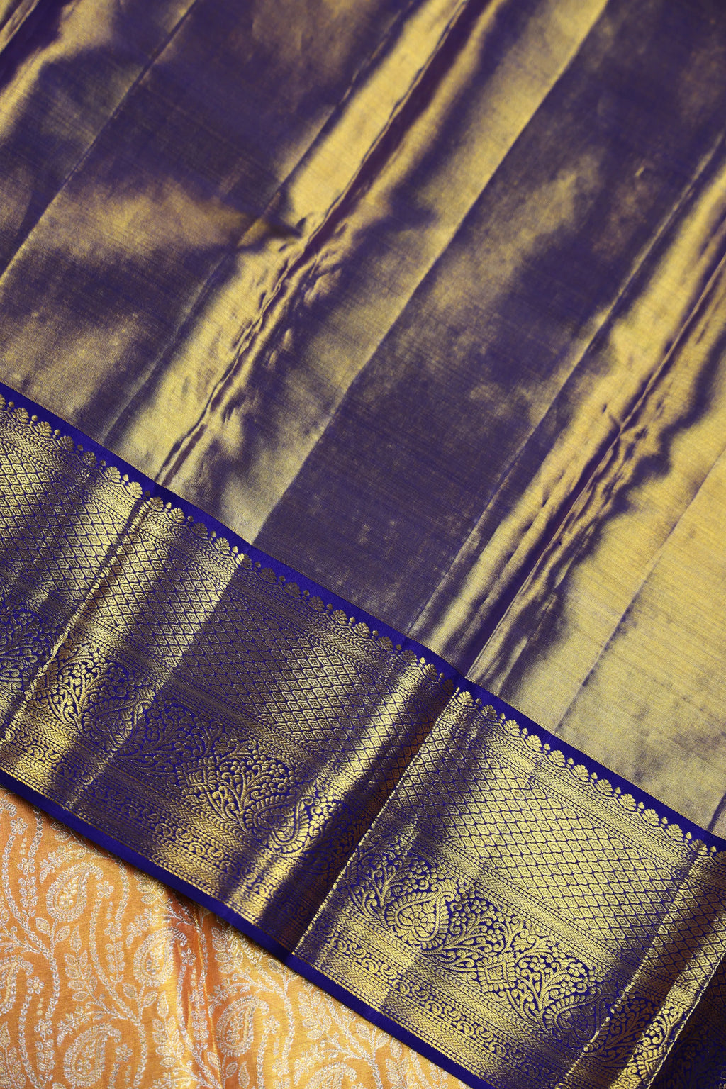 Orangish Gold Dark Purple Brocade Kanjivaram Saree With Blouse Piece