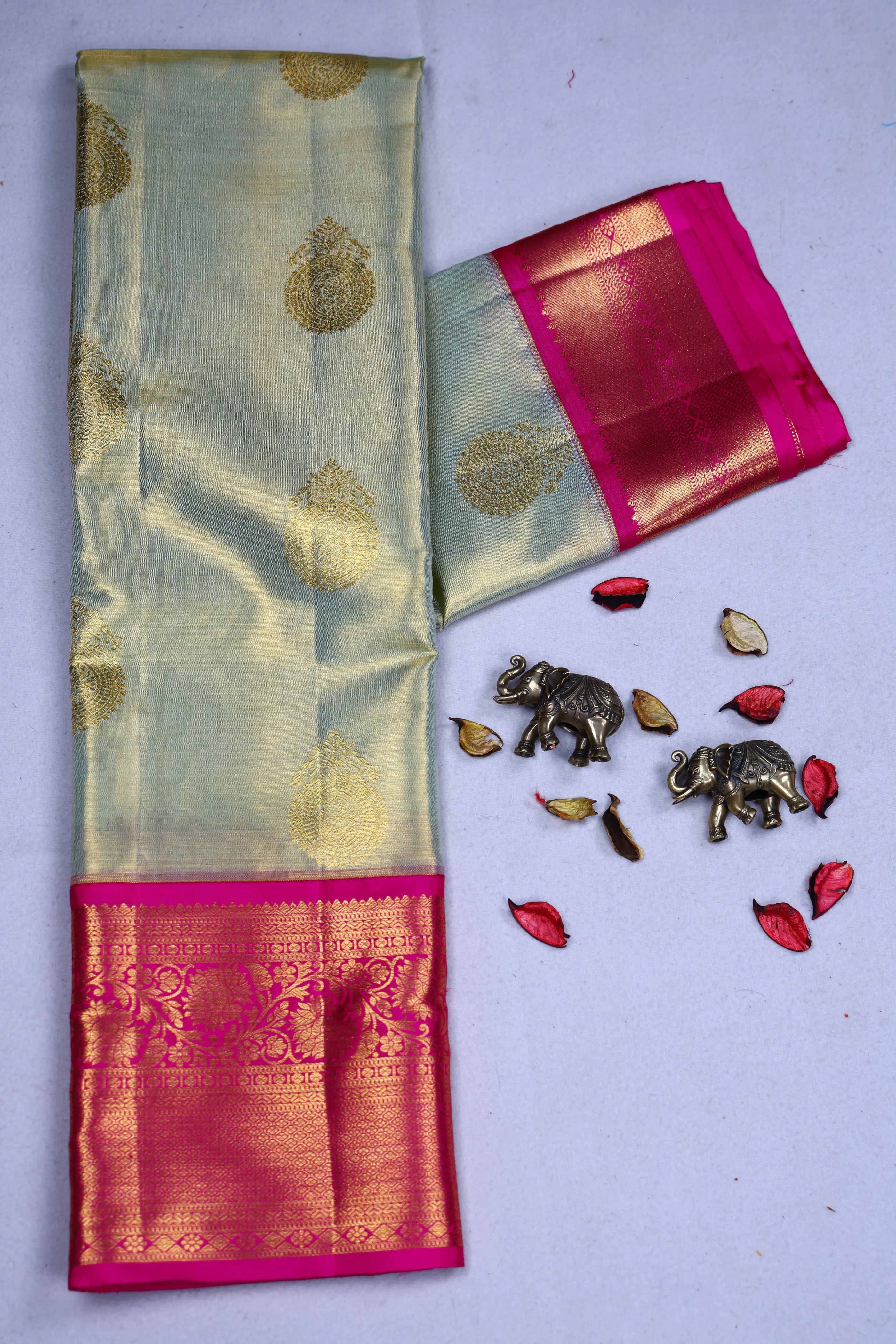 Greenish Golden Rani Tissue Kanjivaram Saree With Blouse Piece