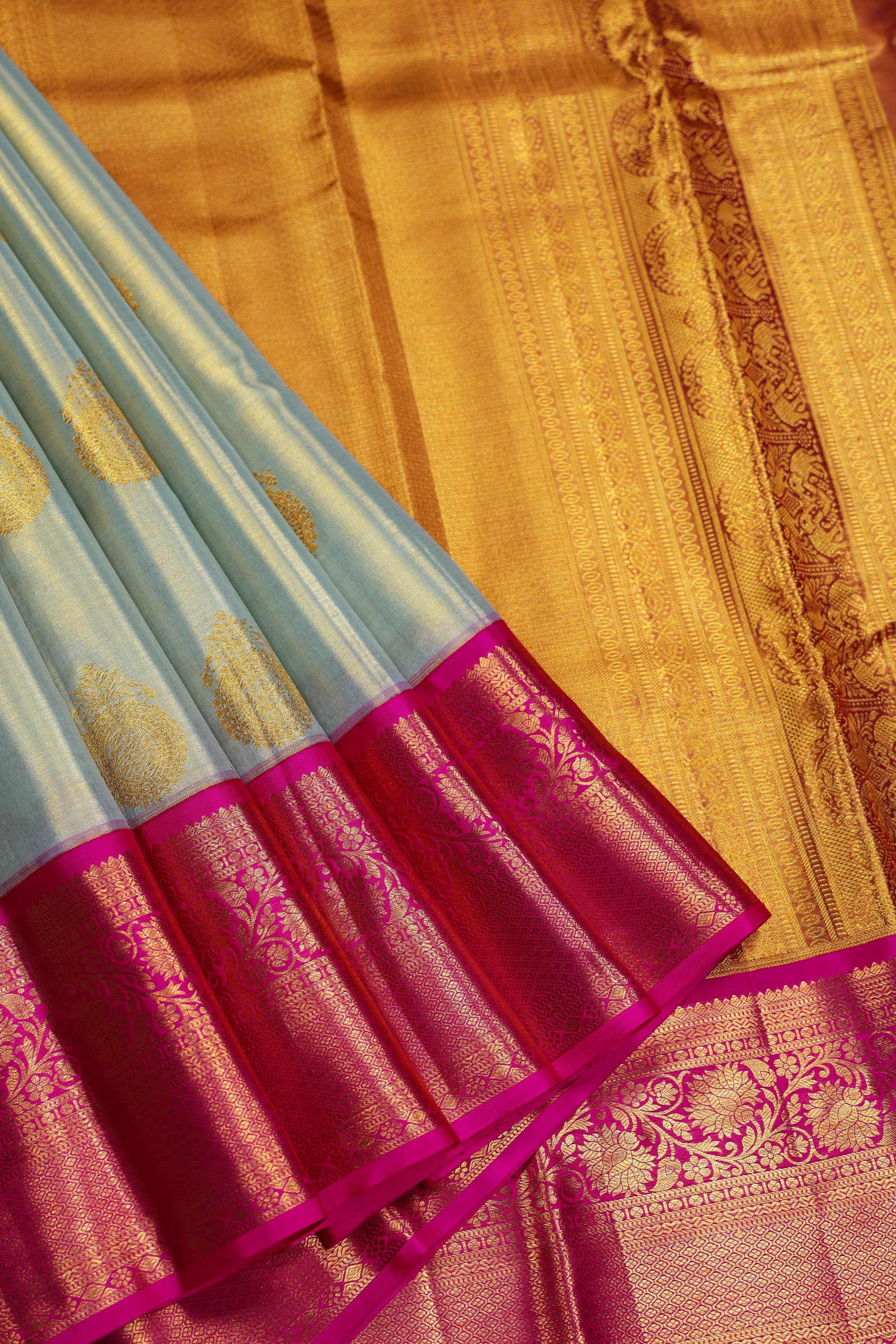 Greenish Golden Rani Tissue Kanjivaram Saree With Blouse Piece