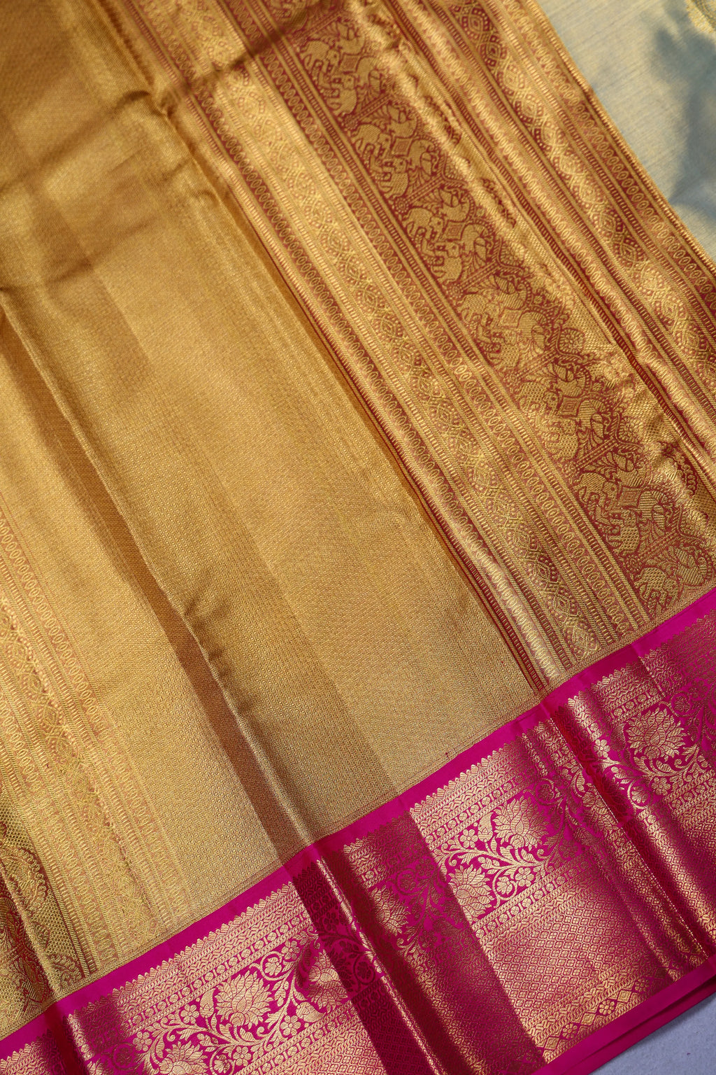 Greenish Golden Rani Tissue Kanjivaram Saree With Blouse Piece
