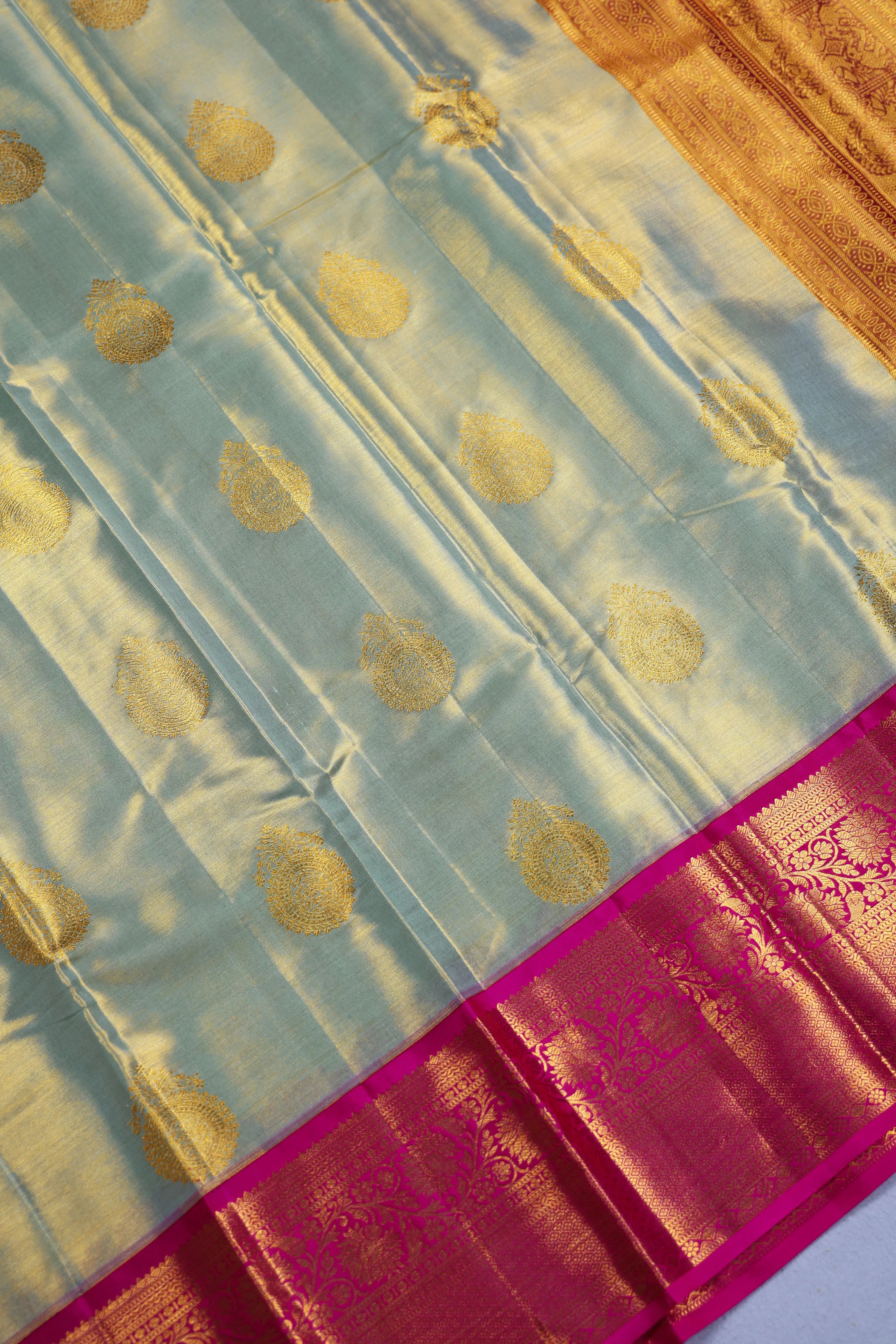 Greenish Golden Rani Tissue Kanjivaram Saree With Blouse Piece