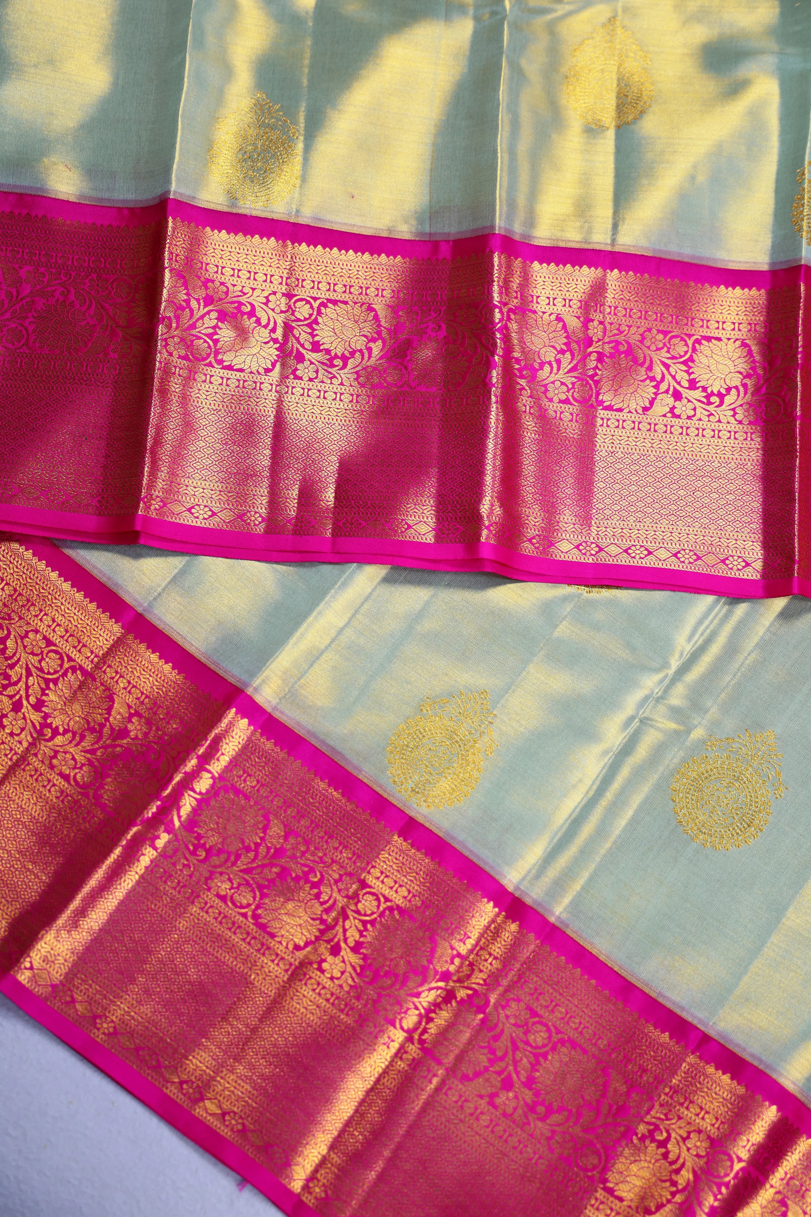 Greenish Golden Rani Tissue Kanjivaram Saree With Blouse Piece
