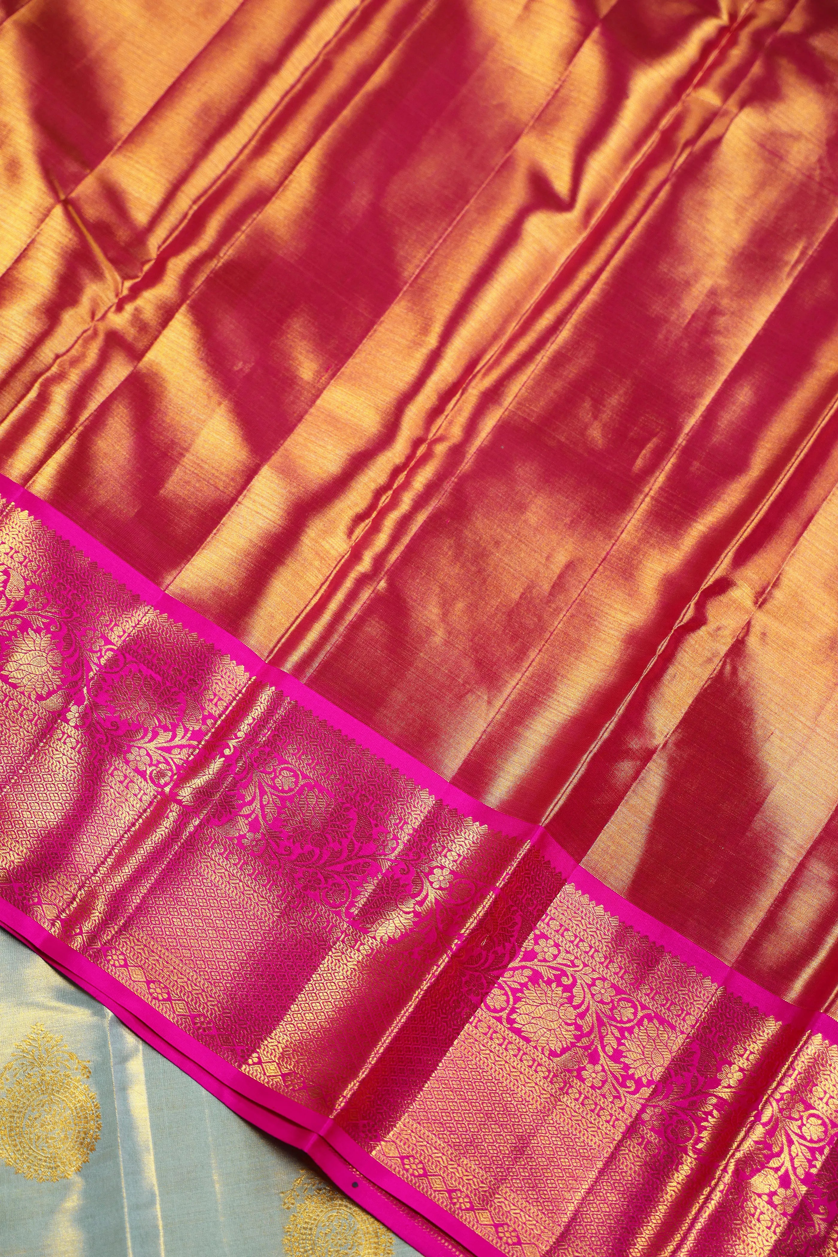 Greenish Golden Rani Tissue Kanjivaram Saree With Blouse Piece